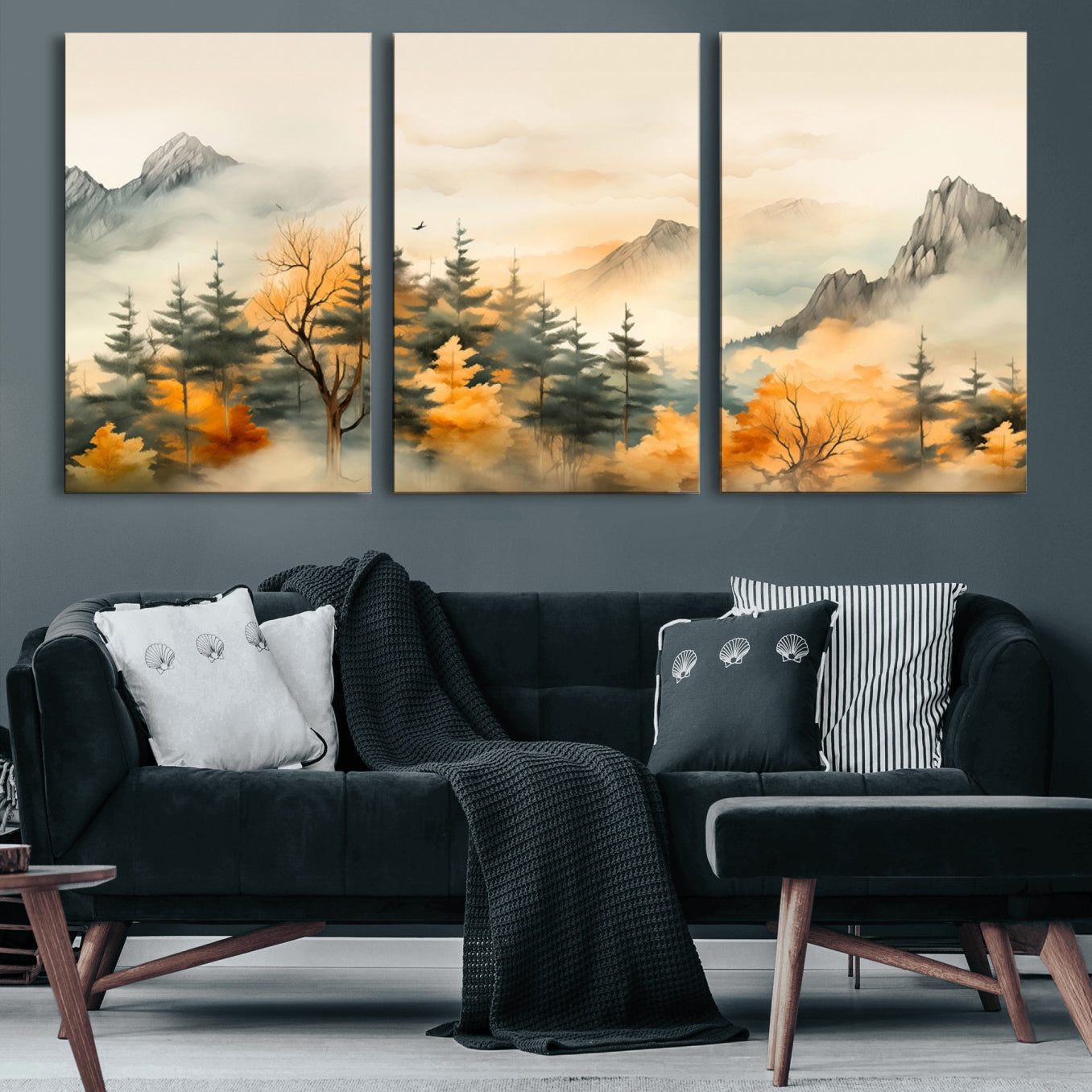 79192-MGV-CV-60X30-3P-Abstract Watercolor Mountains and Trees Autumn Art, Watercolor Mountains and Trees Canvas Print
