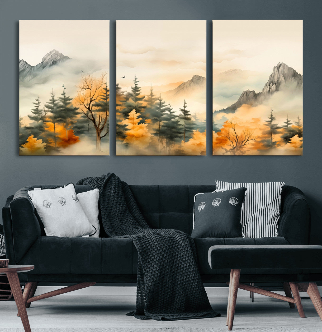 79192-MGV-CV-60X30-3P-Abstract Watercolor Mountains and Trees Autumn Art, Watercolor Mountains and Trees Canvas Print
