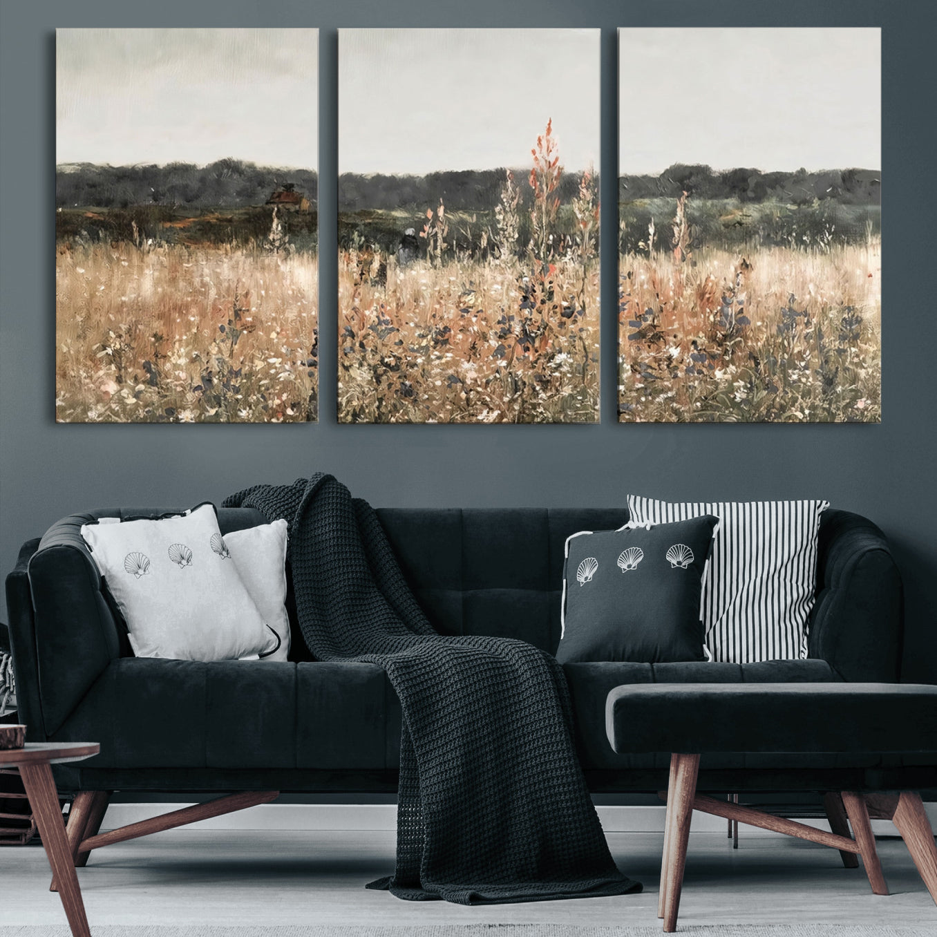 46308-MGV-CV-60X30-3P-Abstract Wildflower Art Field Landscape Oil Painting Print, Country Field Wall Art - Framed Ready to