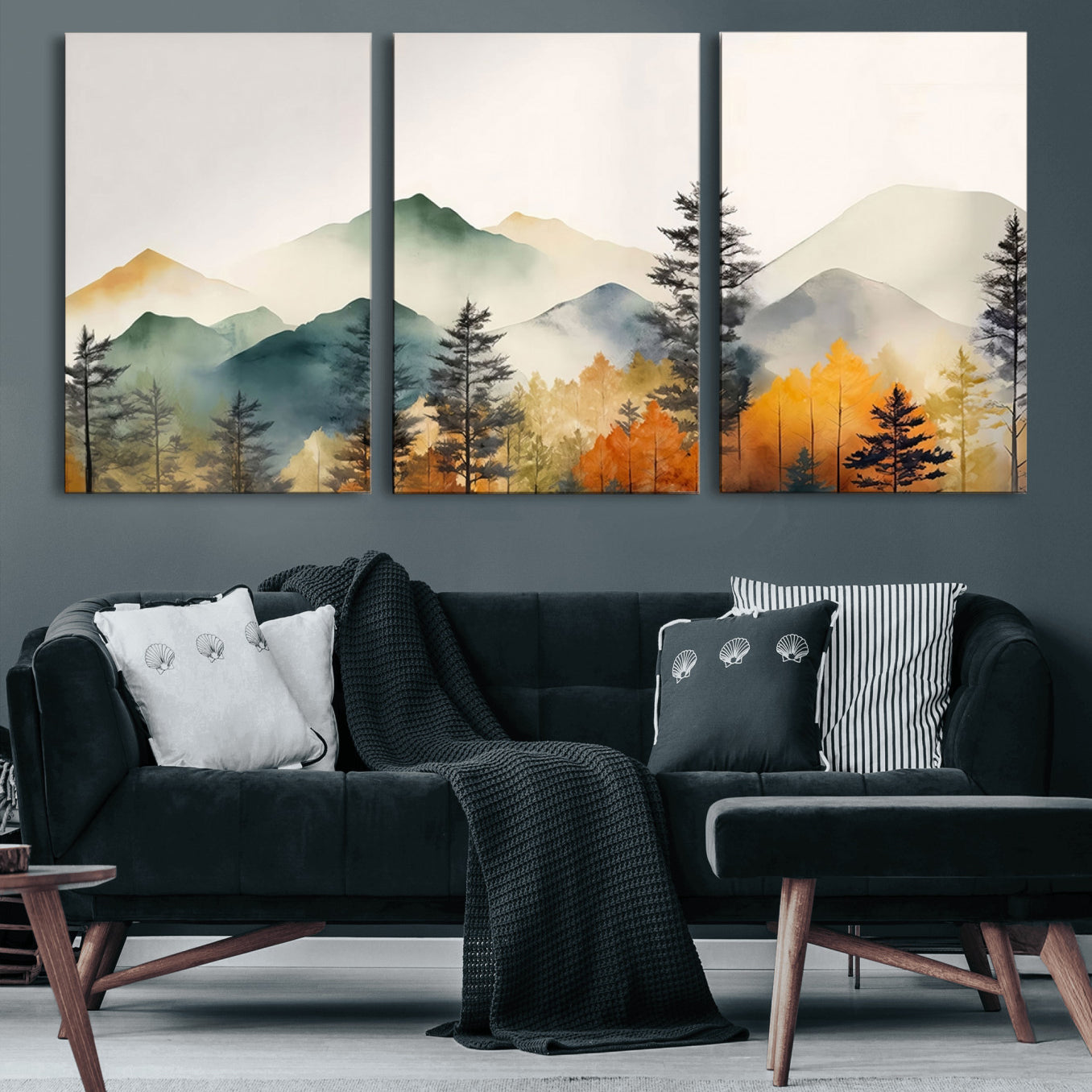 25689-MGV-CV-60X30-3P-Abstract Watercolor Mountains and Trees Autumn Wall Art, Mountains and Trees Autumn Wall Art Canvas