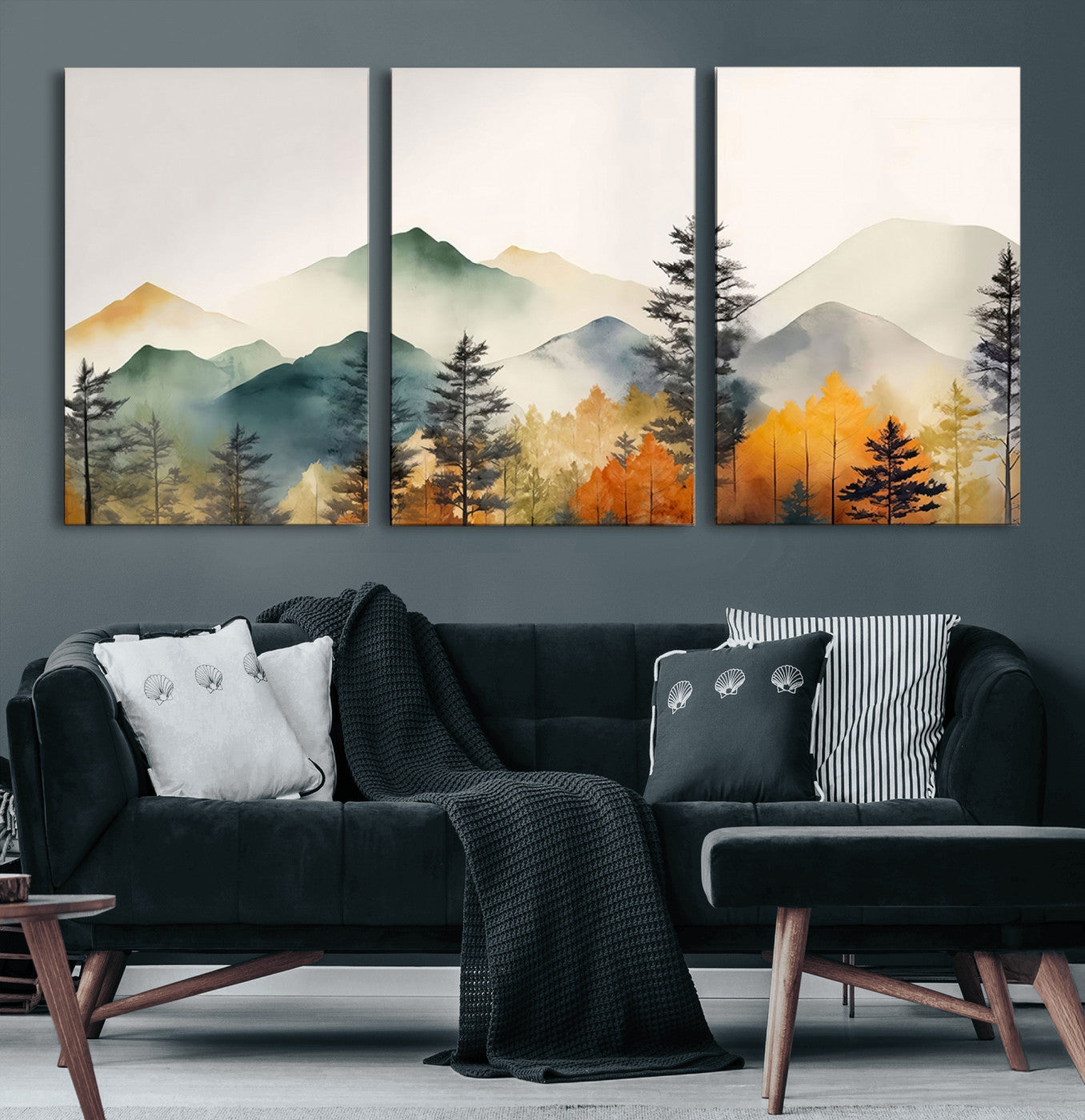 25689-MGV-CV-60X30-3P-Abstract Watercolor Mountains and Trees Autumn Wall Art, Mountains and Trees Autumn Wall Art Canvas