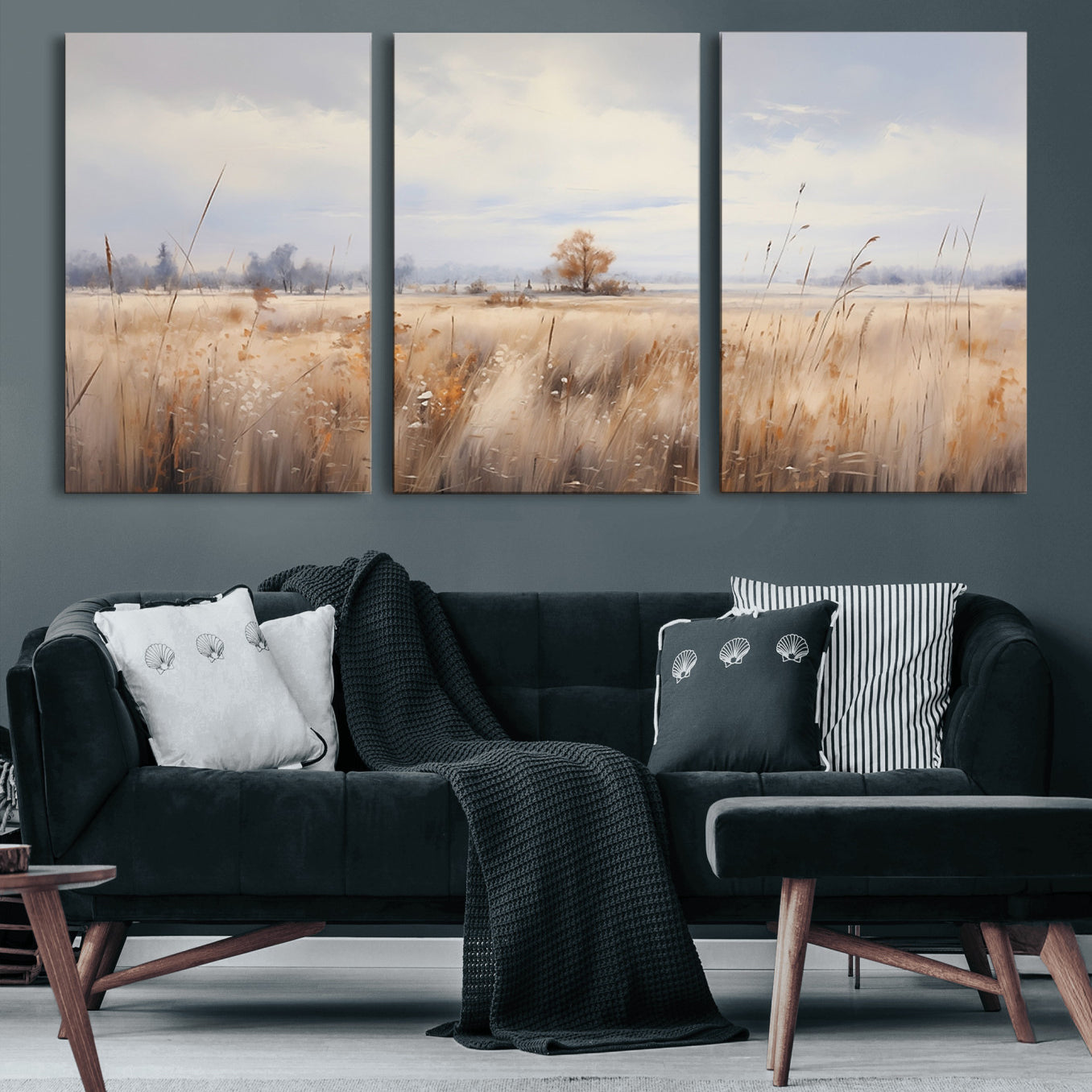 58162-MGV-CV-60X30-3P-Golden Fields Wall Art Print Canvas – Serene Landscape of Nature’s Tranquility in Minimalist for