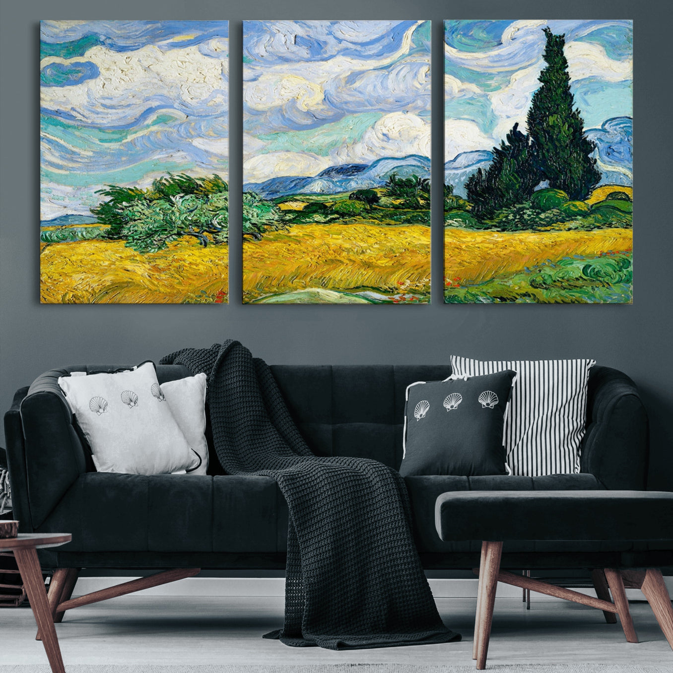 97252-MGV-CV-60X30-3P-Wheatfield With Cypresses By Van Gogh Painting Wall Art Canvas, Wheatfield With Cypresses Canvas