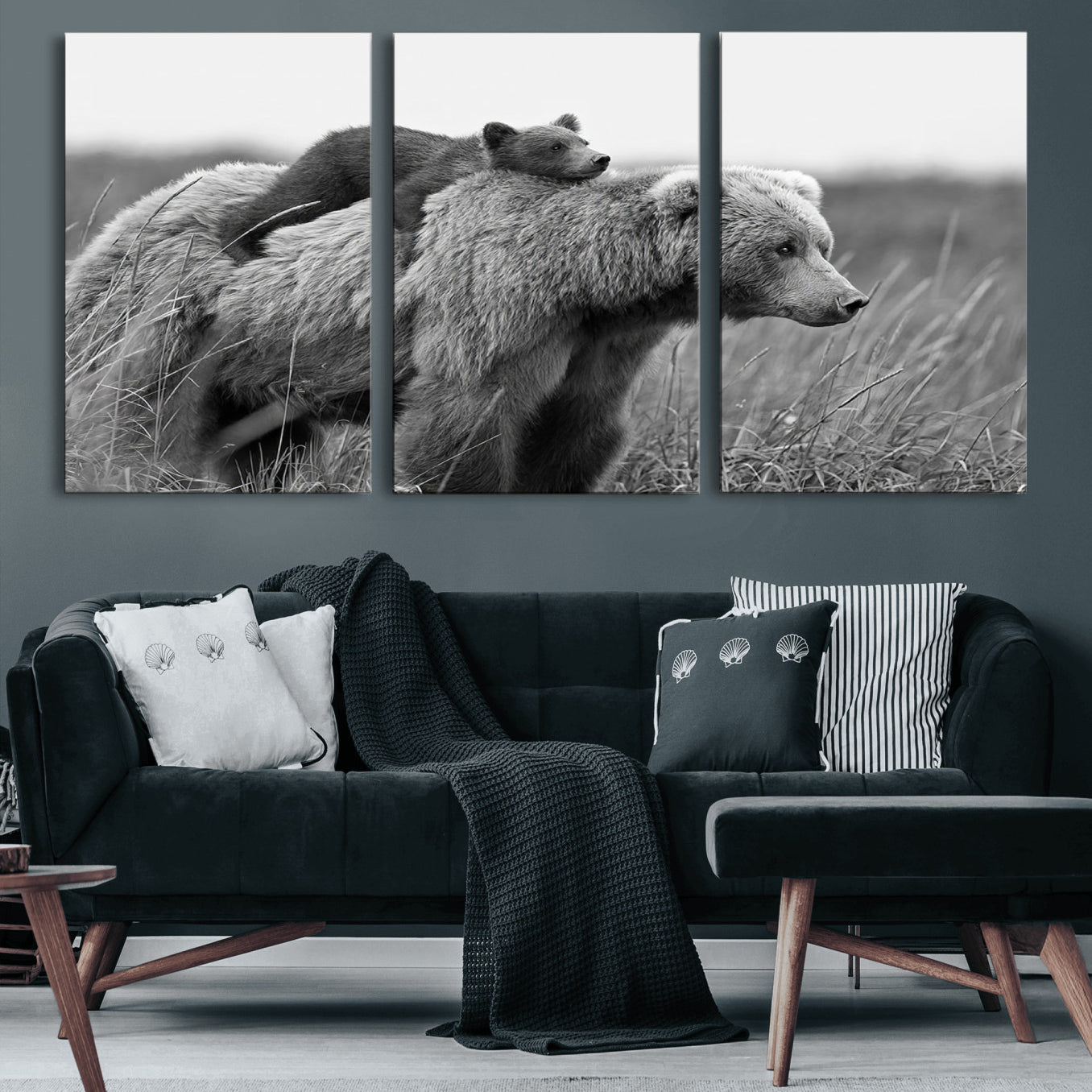 76338-MGV-CV-60X30-3P-Bear and Cub Wall Art Canvas | 399 Bear Cub Wildlife-Inspired Animal Art for Living Room or Office |