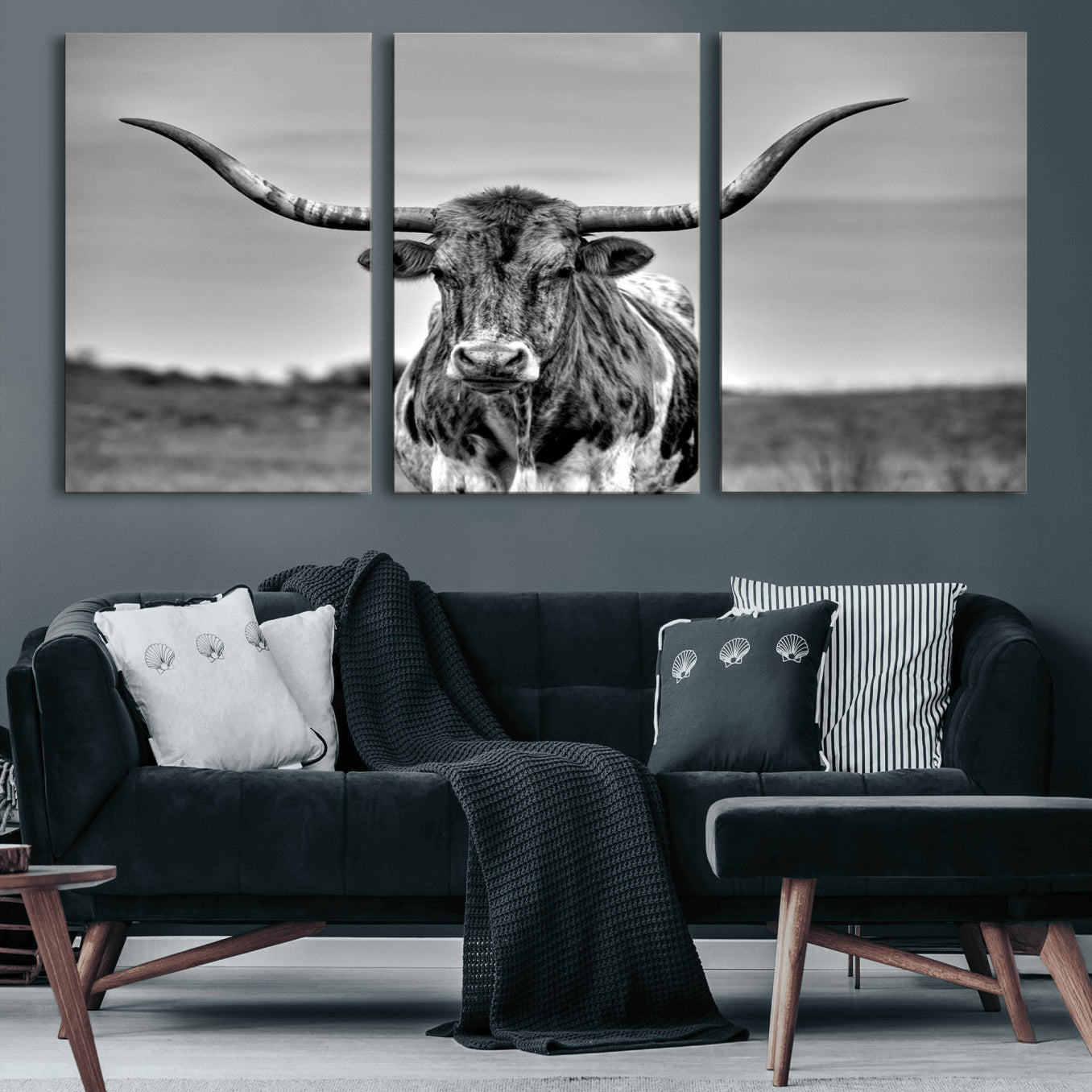 70836-MGV-CV-60X30-3P-Texas Longhorn Cow Wall Art, Texas Longhorn Canvas, Cattle Canvas Print