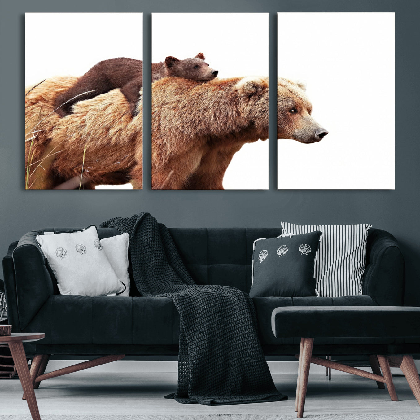 76943-MGV-CV-60X30-3P-Mother and Baby Bear Canvas Wall Art - Adorable Wildlife Animal Print, Cozy Rustic Decor for Living
