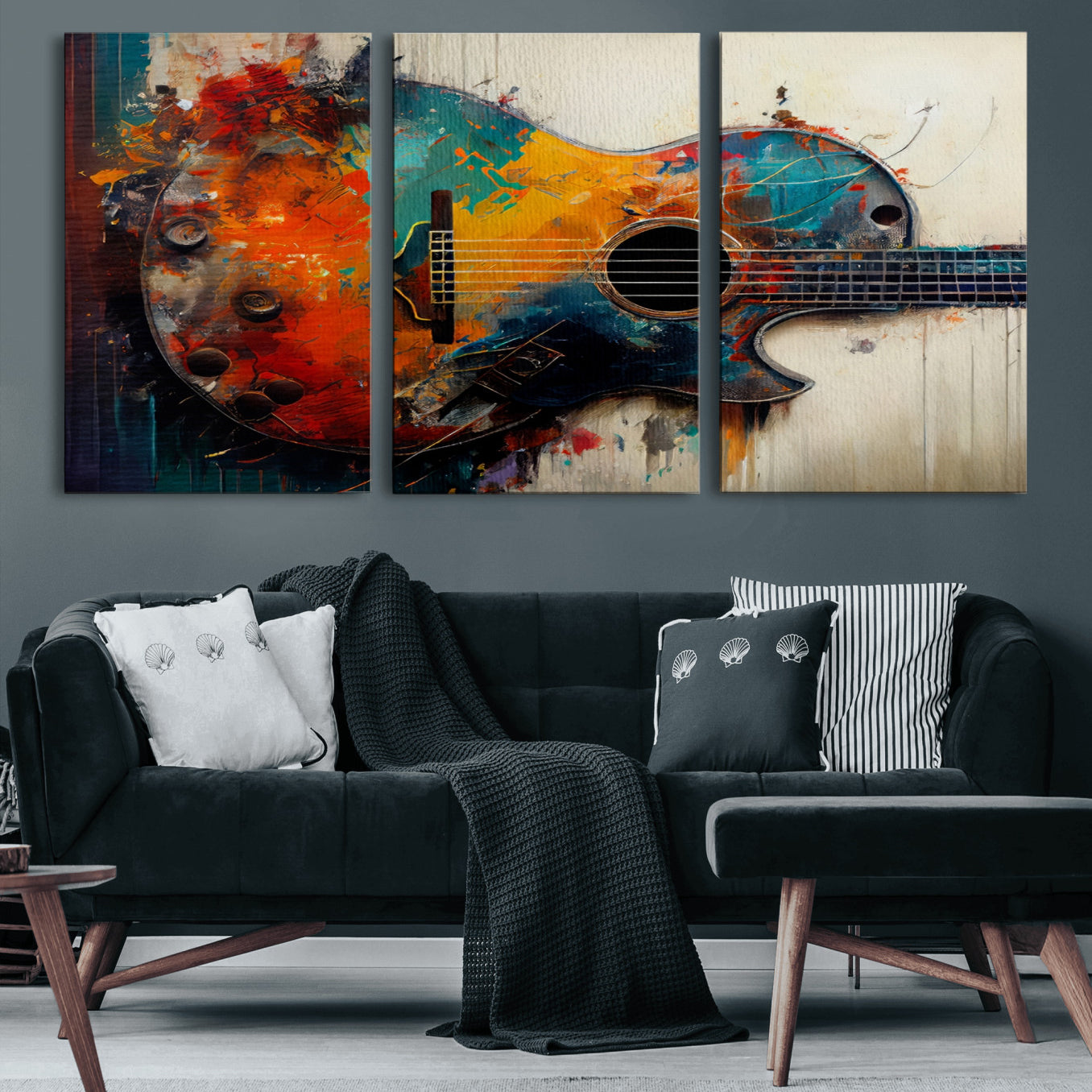 89330-MGV-CV-60X30-3P-Abstract Guitar Wall Art Canvas | Vibrant Music-Inspired Art for Living Room or Studio | Colorful