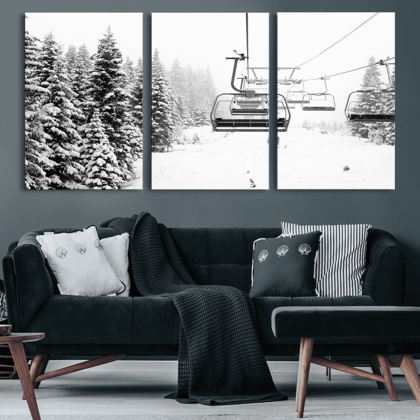 70609-MGV-CV-60X30-3P-Ski Wall Art - Ski Lift Wall Art Canvas Print Snow Covered Spruce Trees Winter Wall Art Ski Skier