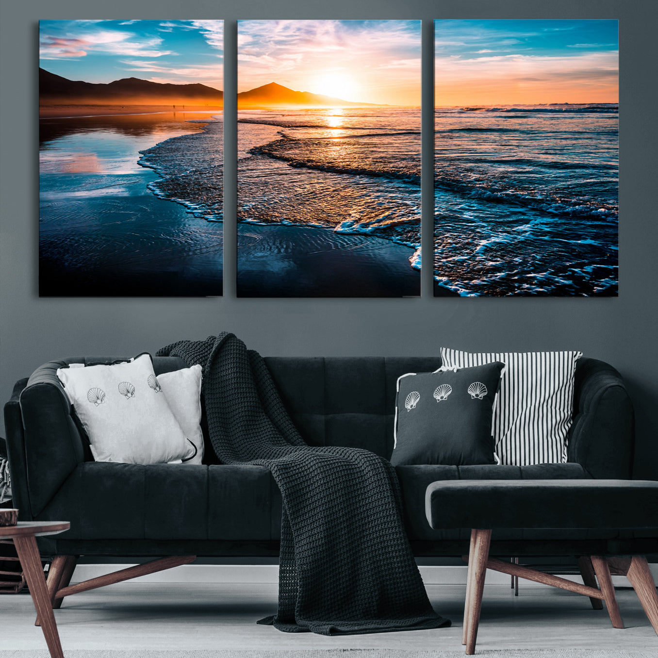 26494-MGV-CV-60X30-3P-Beach Ocean Sunset on the Sea Wall Art Canvas, Beach Ocean Sunset Canvas Print