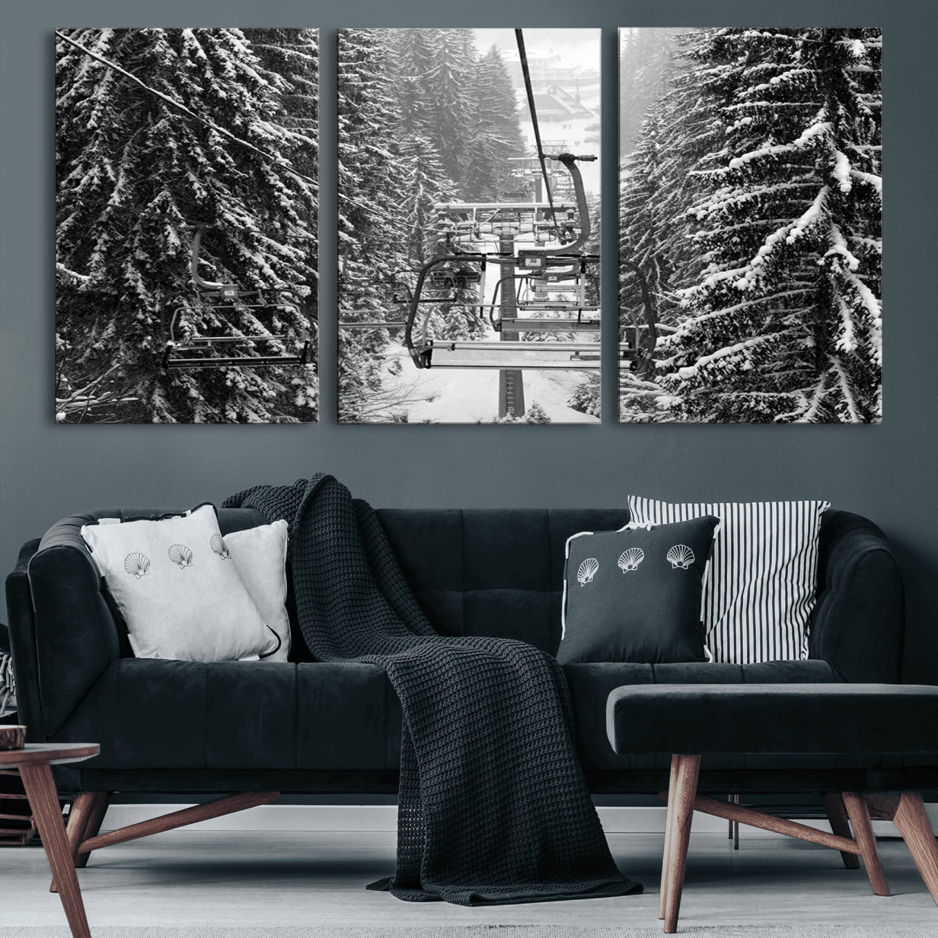 19240-MGV-CV-60X30-3P-Winter Ski Lift Black and White Canvas Wall Art – Alpine Escape in Minimalist Style – Winter Ski
