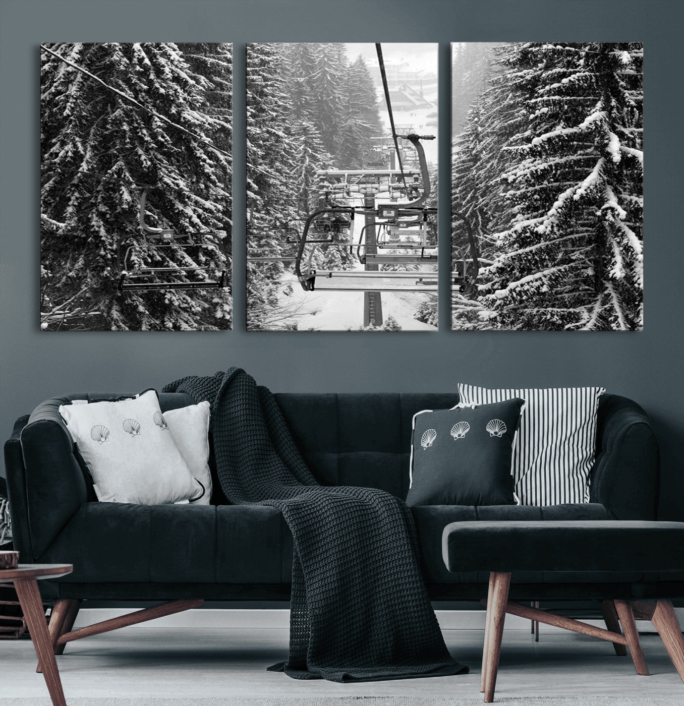 19240-MGV-CV-60X30-3P-Winter Ski Lift Black and White Canvas Wall Art – Alpine Escape in Minimalist Style – Winter Ski