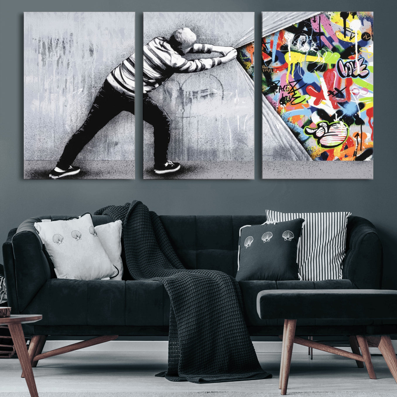 52252-MGV-CV-36X24-Banksy Art Behind the Curtain Street Wall Art Canvas Print | 3-Panel Urban Graffiti-Inspired Wall