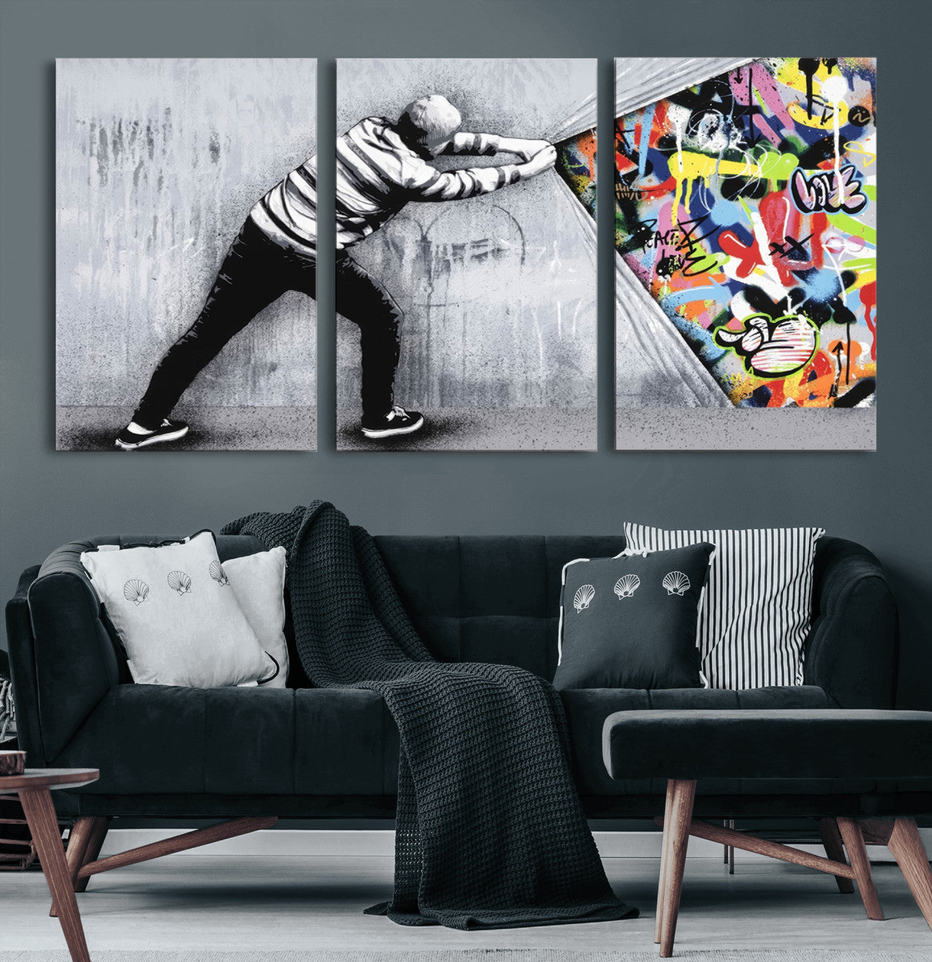 52252-MGV-CV-36X24-Banksy Art Behind the Curtain Street Wall Art Canvas Print | 3-Panel Urban Graffiti-Inspired Wall