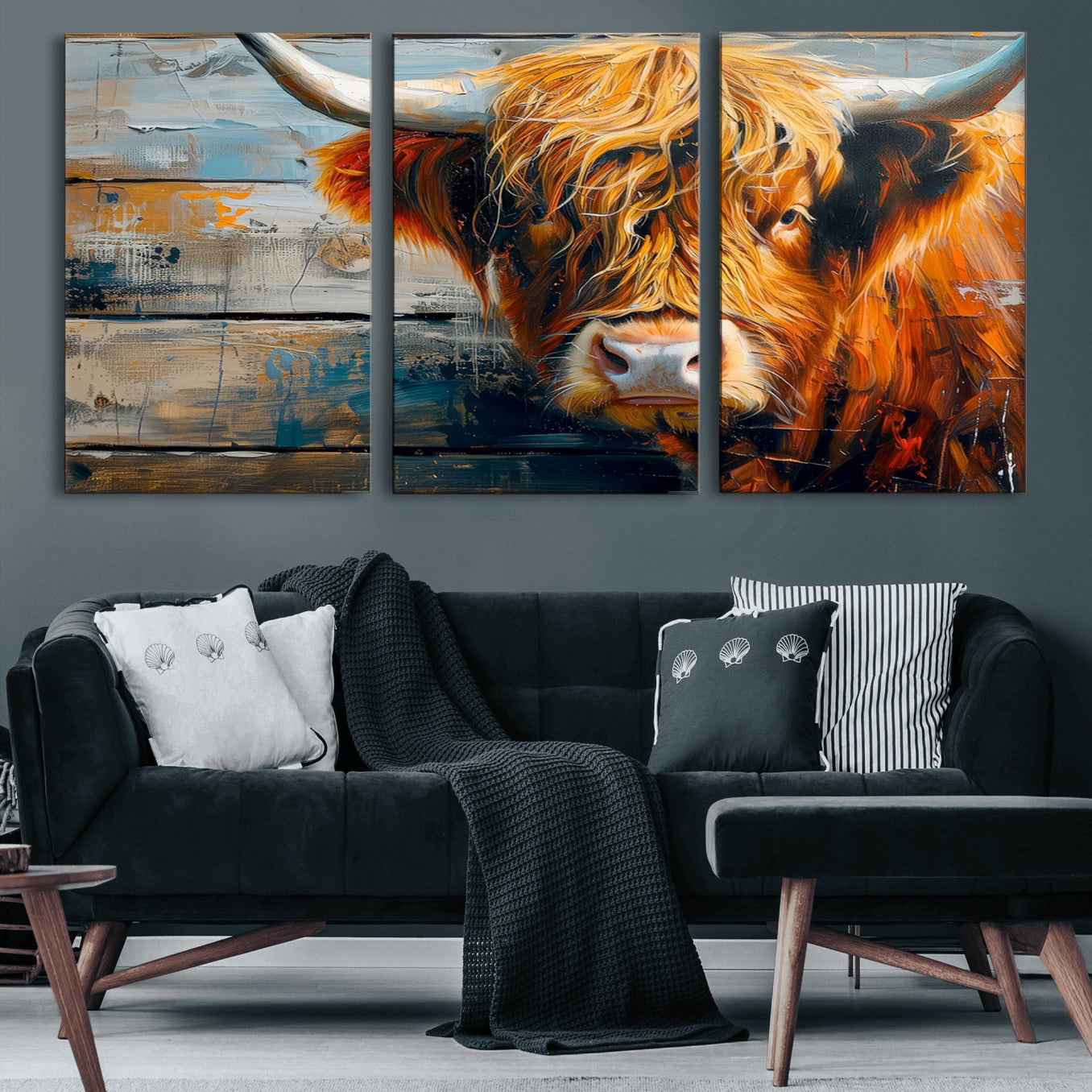 92312-MGV-CV-60X30-3P-Highland Cow Abstract Canvas Wall Art – Bold Farmhouse Rustic Decor – Ready to Hang