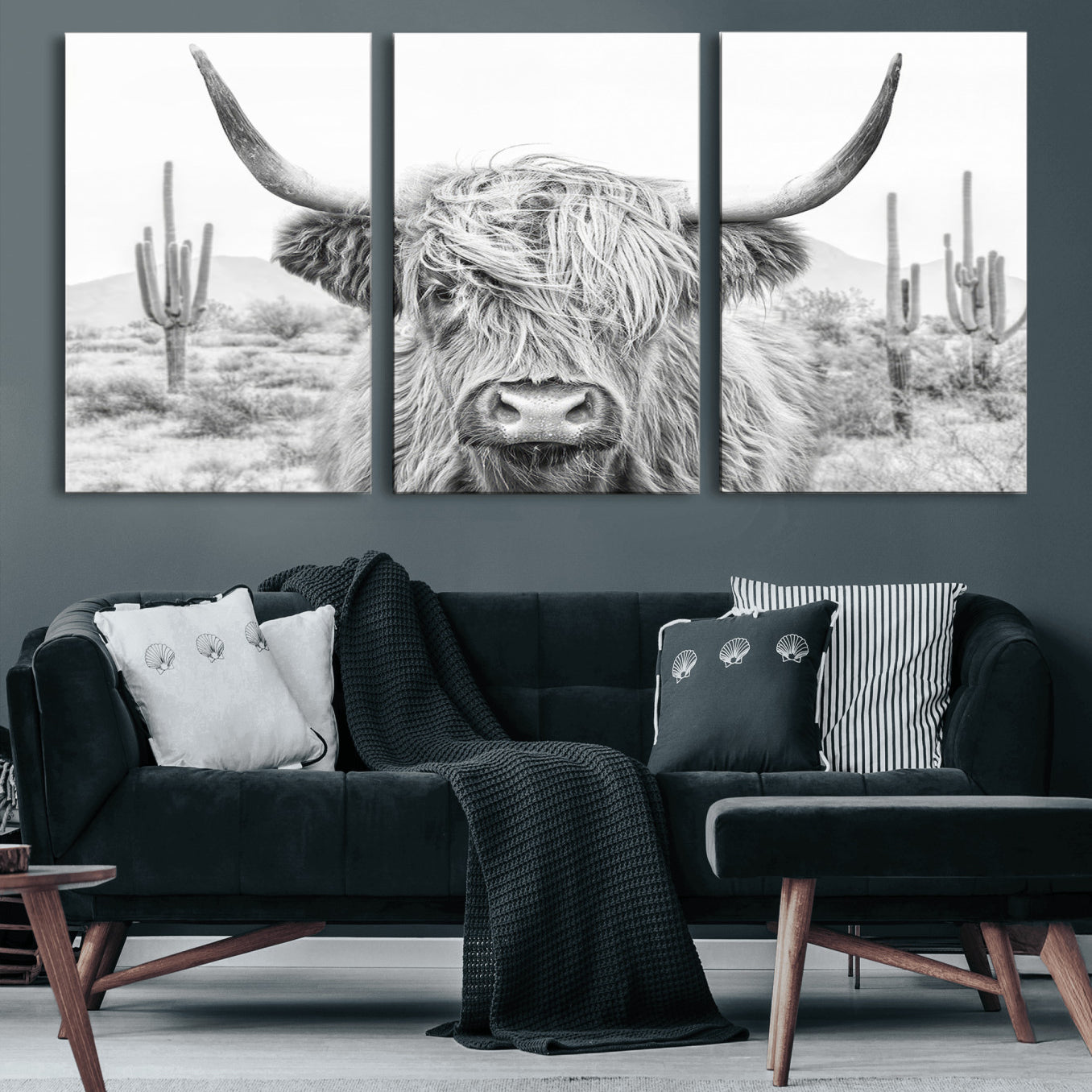 94579-MGV-CV-60X30-3P-Rustic Charm | Cow Longhorn Black White Bighorn Wall Art Canvas Print | Farmhouse Wall Art