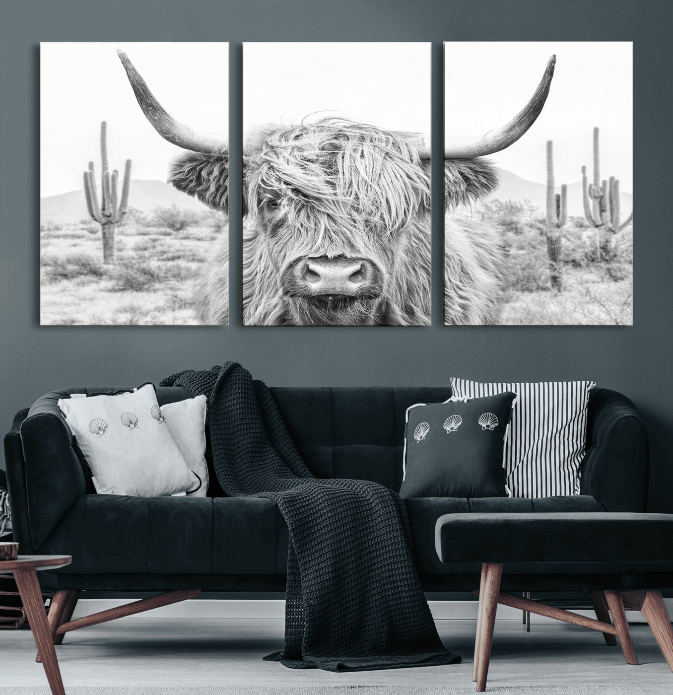 94579-MGV-CV-60X30-3P-Rustic Charm | Cow Longhorn Black White Bighorn Wall Art Canvas Print | Farmhouse Wall Art