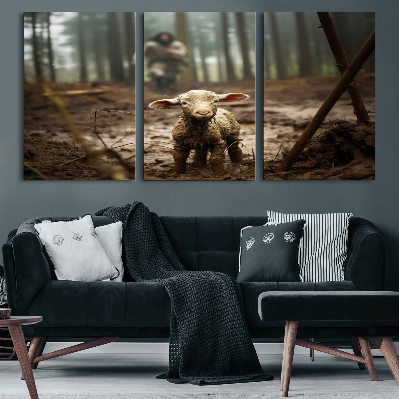 49996-MGV-CV-60X30-3P-Jesus Lost Lamb Canvas Wall Art – Heartwarming Woodland Scene – Ready to Hang - Christian Religion
