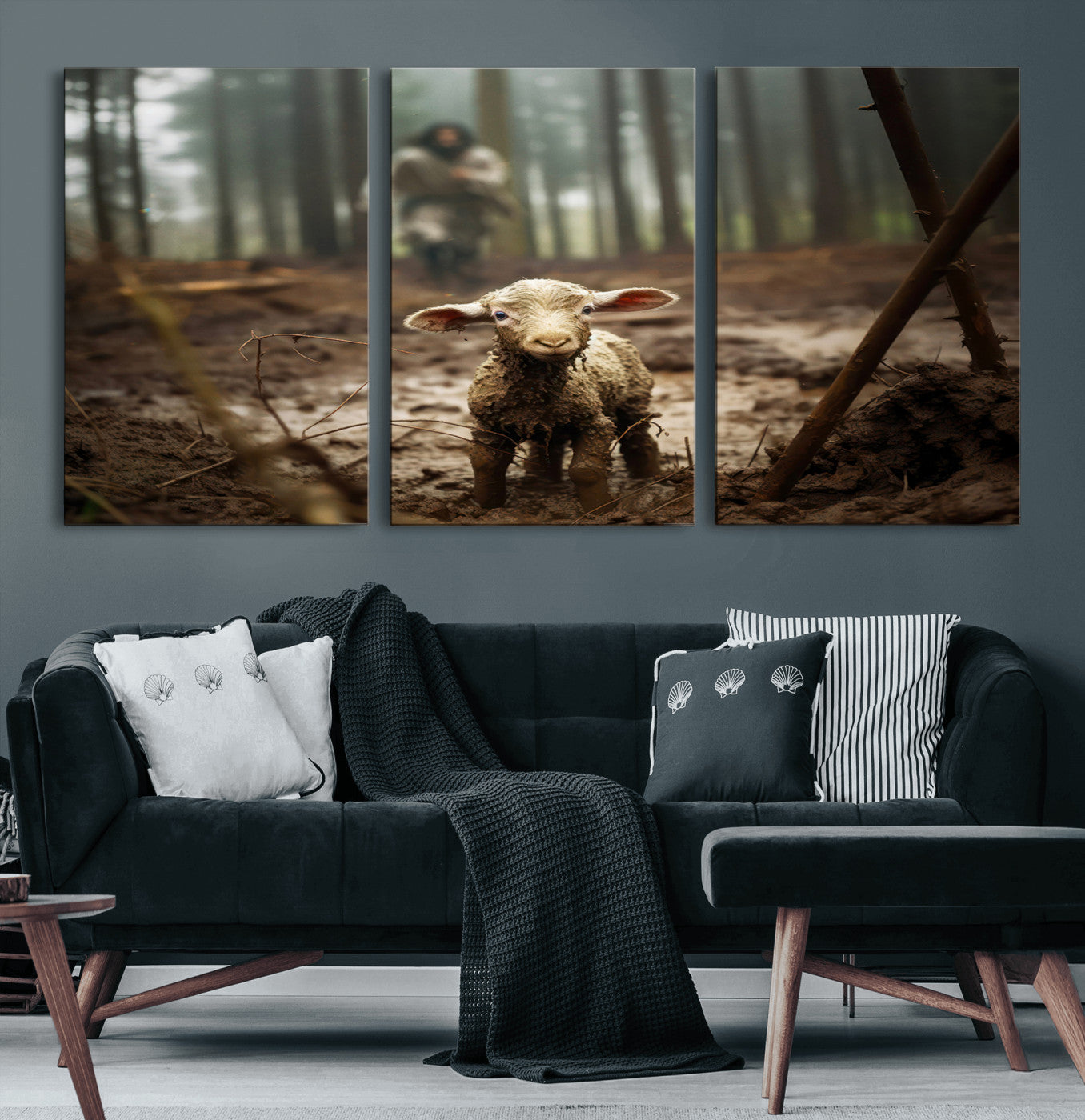 49996-MGV-CV-60X30-3P-Jesus Lost Lamb Canvas Wall Art – Heartwarming Woodland Scene – Ready to Hang - Christian Religion