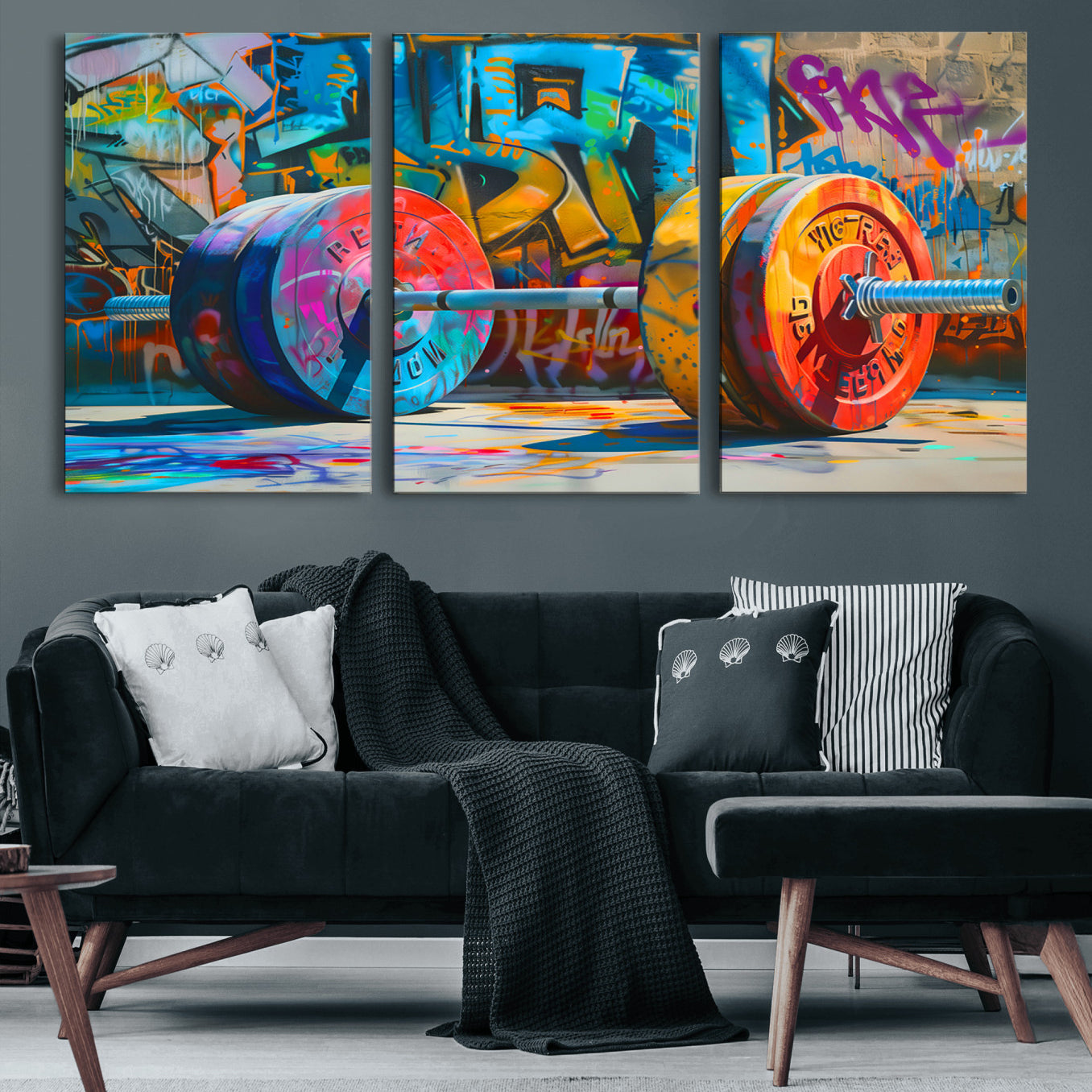 70871-MGV-CV-60X30-3P-Fitness Gym Barbell Graffiti Wall Art Canvas Print