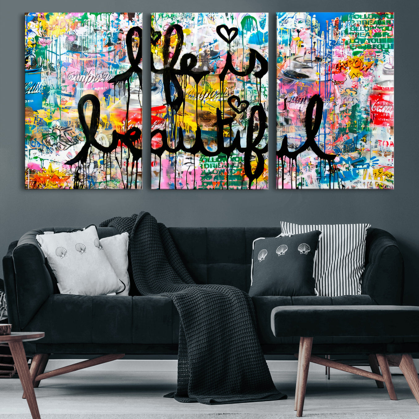24774-MGV-CV-60X30-3P-Life Beautiful Art Print - Banksy Graffiti Wall Art Canvas Print | Graffiti Wall Art Canvas Print