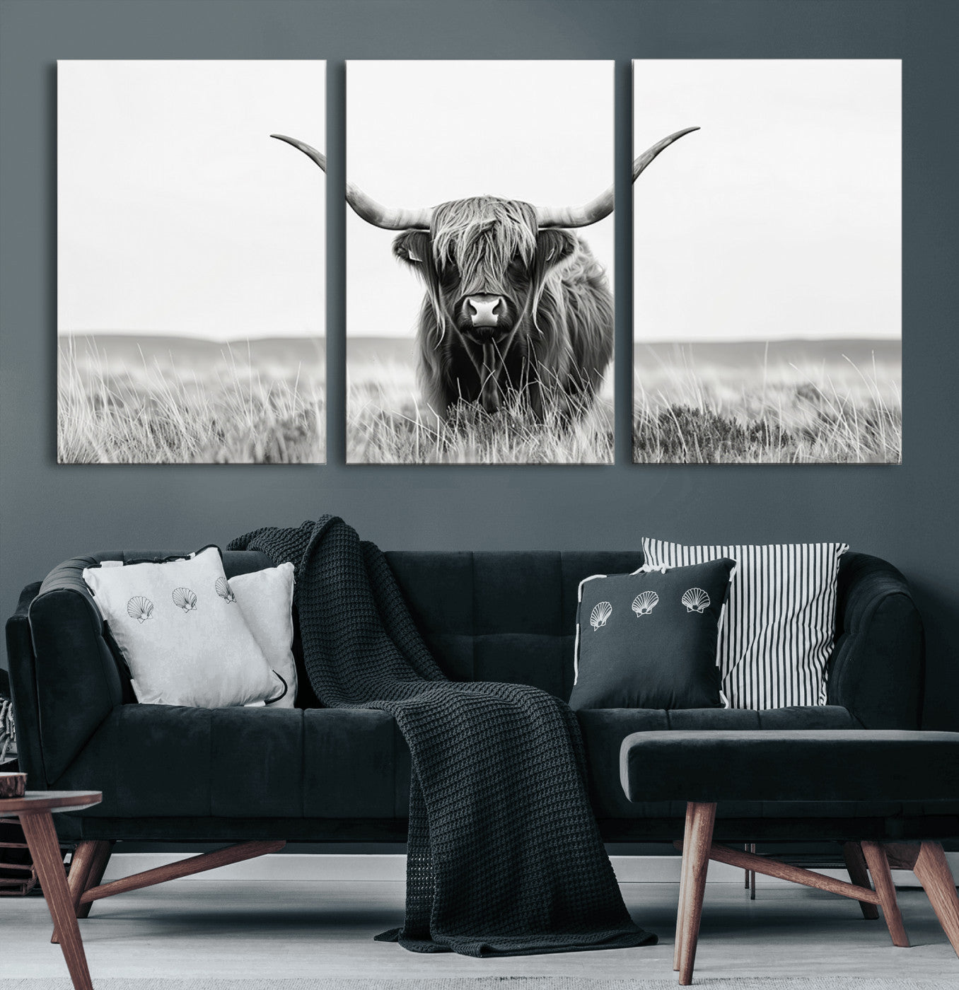 58751-MGV-CV-60X30-3P-Highland Cow Canvas Wall Art – Majestic Beauty in Black and White