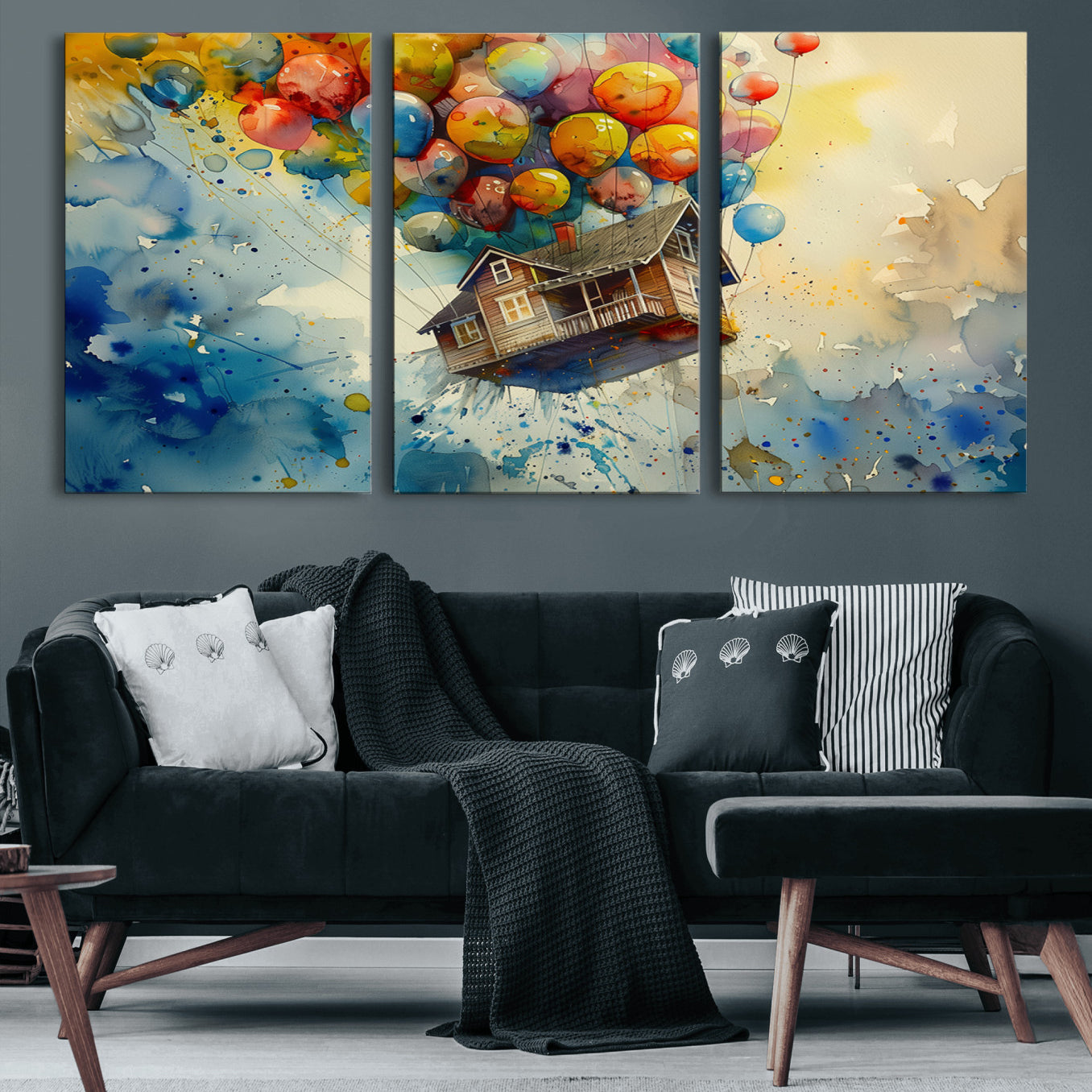 77149-MGV-CV-60X30-3P-UP-Inspired Floating House with Balloons Canvas Art – Colorful 3-Panel Wall Decor for Living Room,