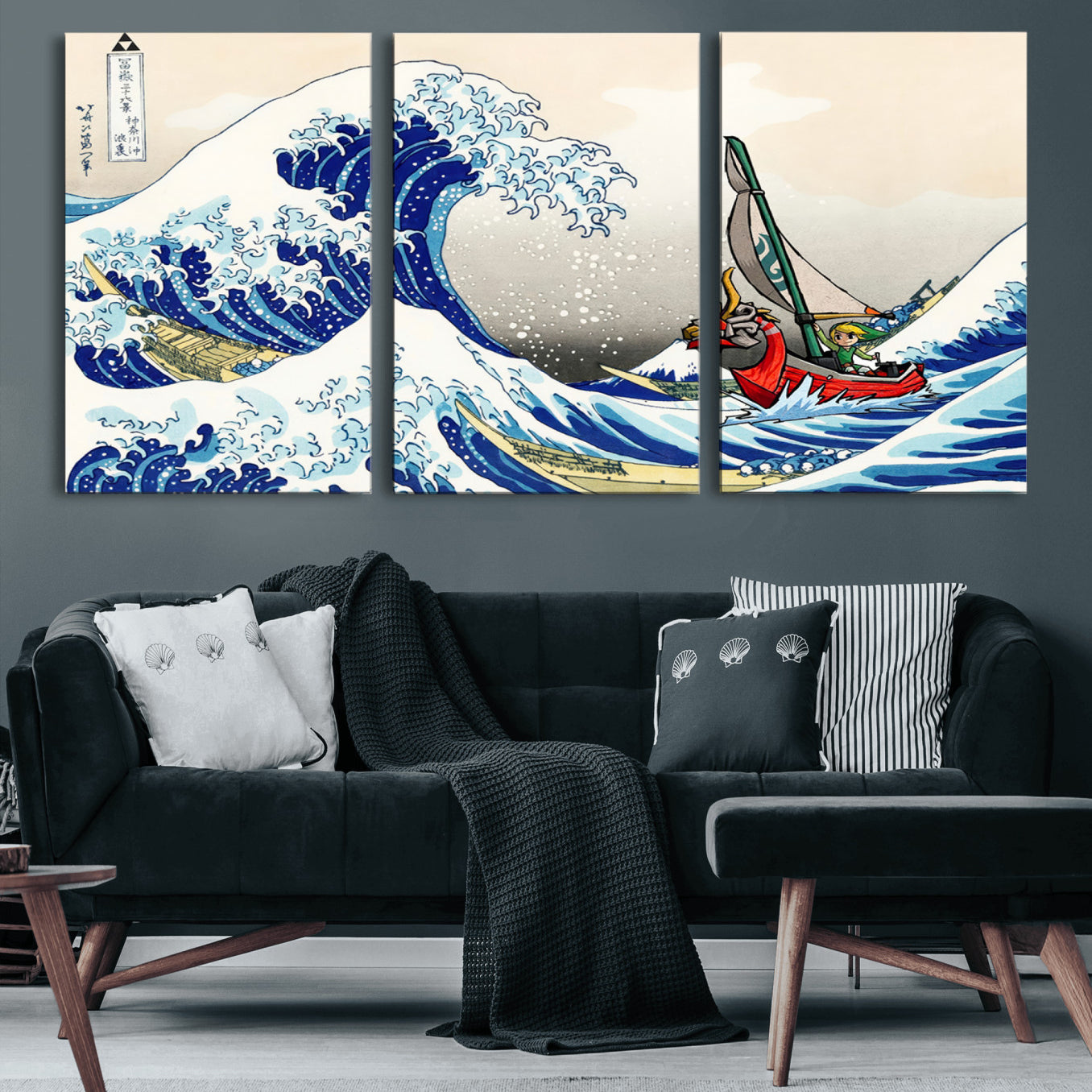 19450-MGV-CV-60X30-3P-Katsushika Hokusai Kanagawa Giant Wave Wall Art Canvas Print | Iconic Japanese Art for Living Room