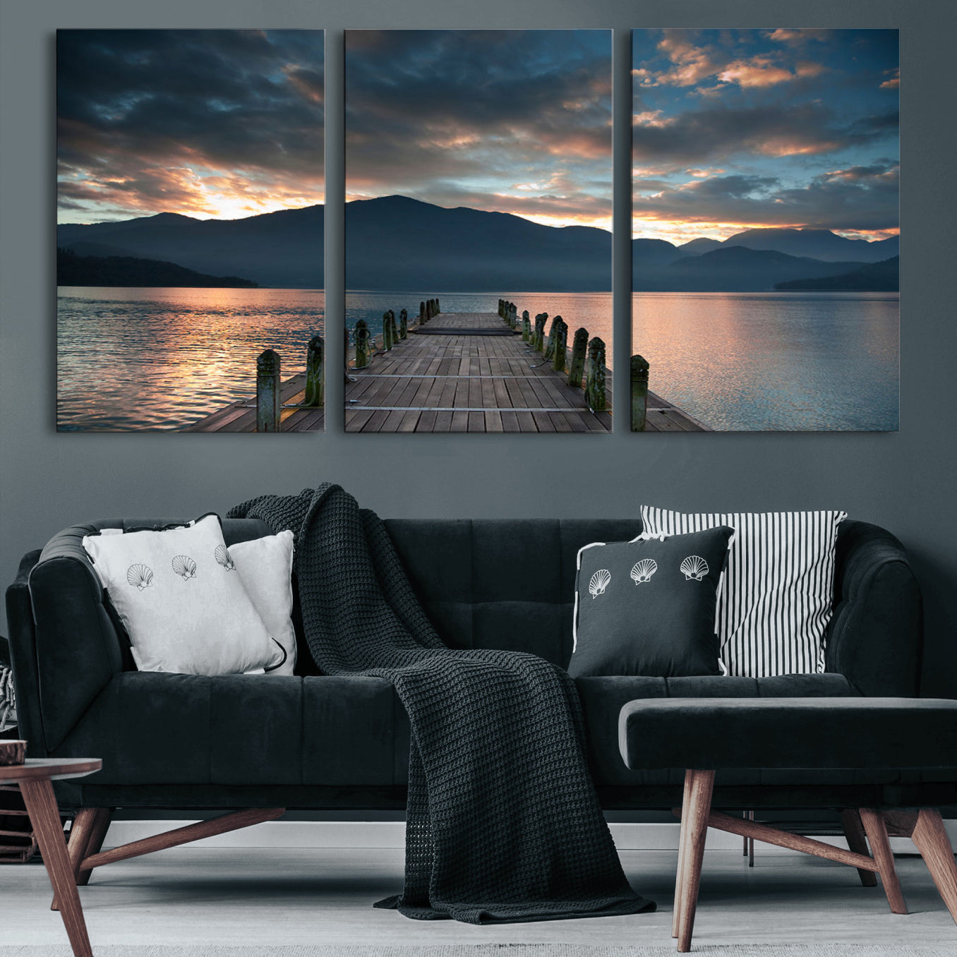 -Mountain Lake Wood Pier Canvas Wall Art Nature Lake Print