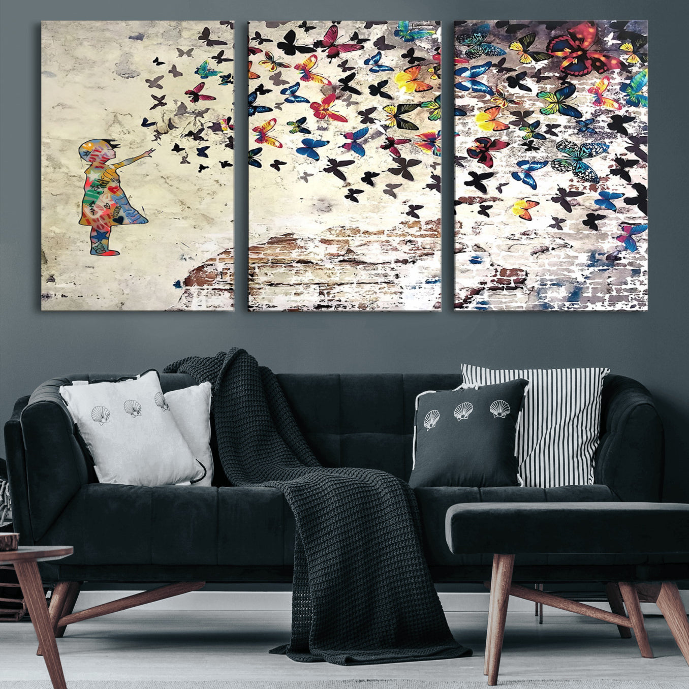 65208-MGV-CV-60X30-3P-Banksy Wall Art - Banksy Girl Butterfly Graffiti Wall Art Canvas Print - Butterfly Girl and Freedom