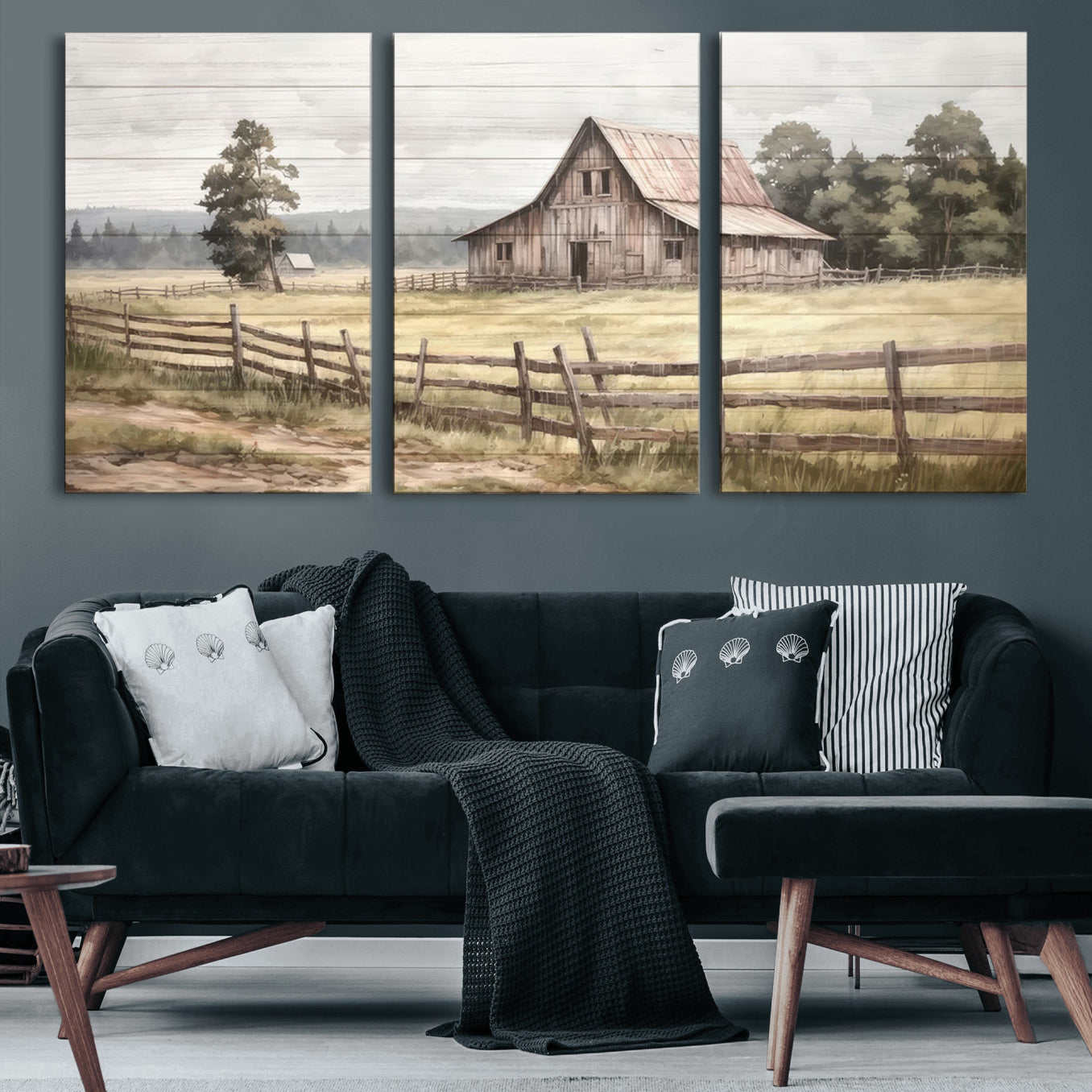 87489-MGV-CV-36X24-Rustic Farmhouse Barn Wall Art | 3-Panel Framed Gallery Wrap Giclee Canvas Print for Living Room,