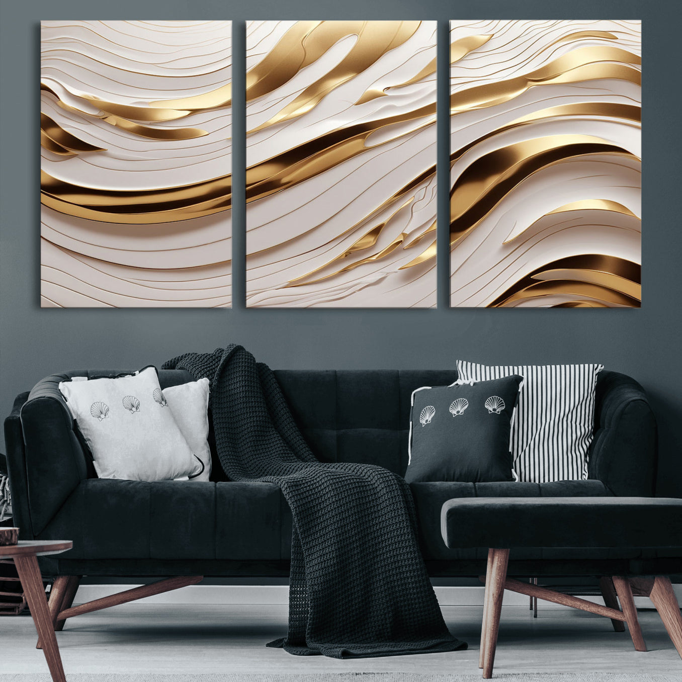 81197-MGV-CV-60X30-3P-Gold and White Abstract Wave Canvas – Elegant Flowing Design with Luxurious Golden Accents –