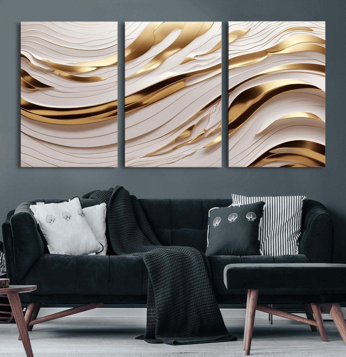 81197-MGV-CV-60X30-3P-Gold and White Abstract Wave Canvas – Elegant Flowing Design with Luxurious Golden Accents –