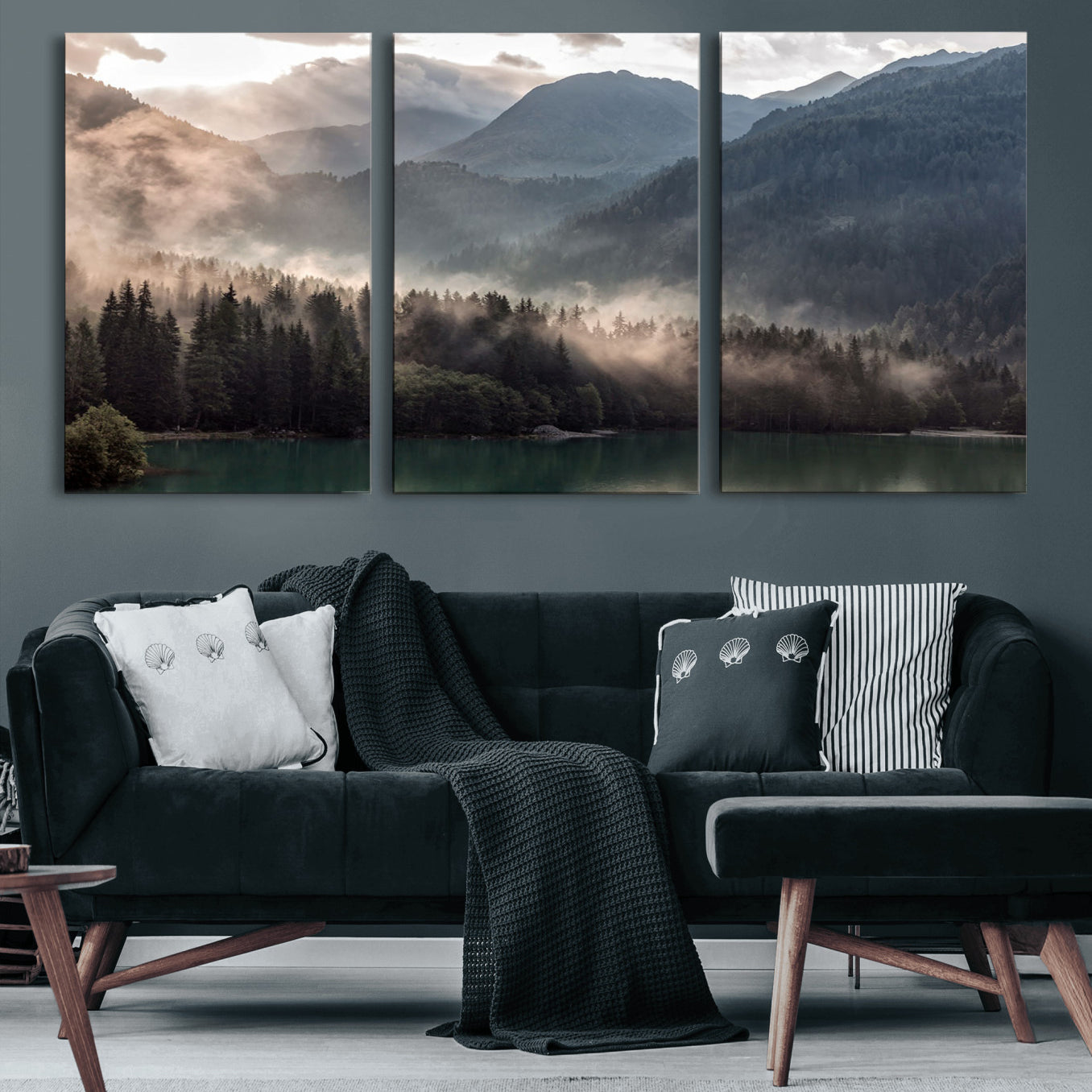 61116-MGV-CV-60X30-3P-Foggy Mountain Canvas Print Forest Wall Art