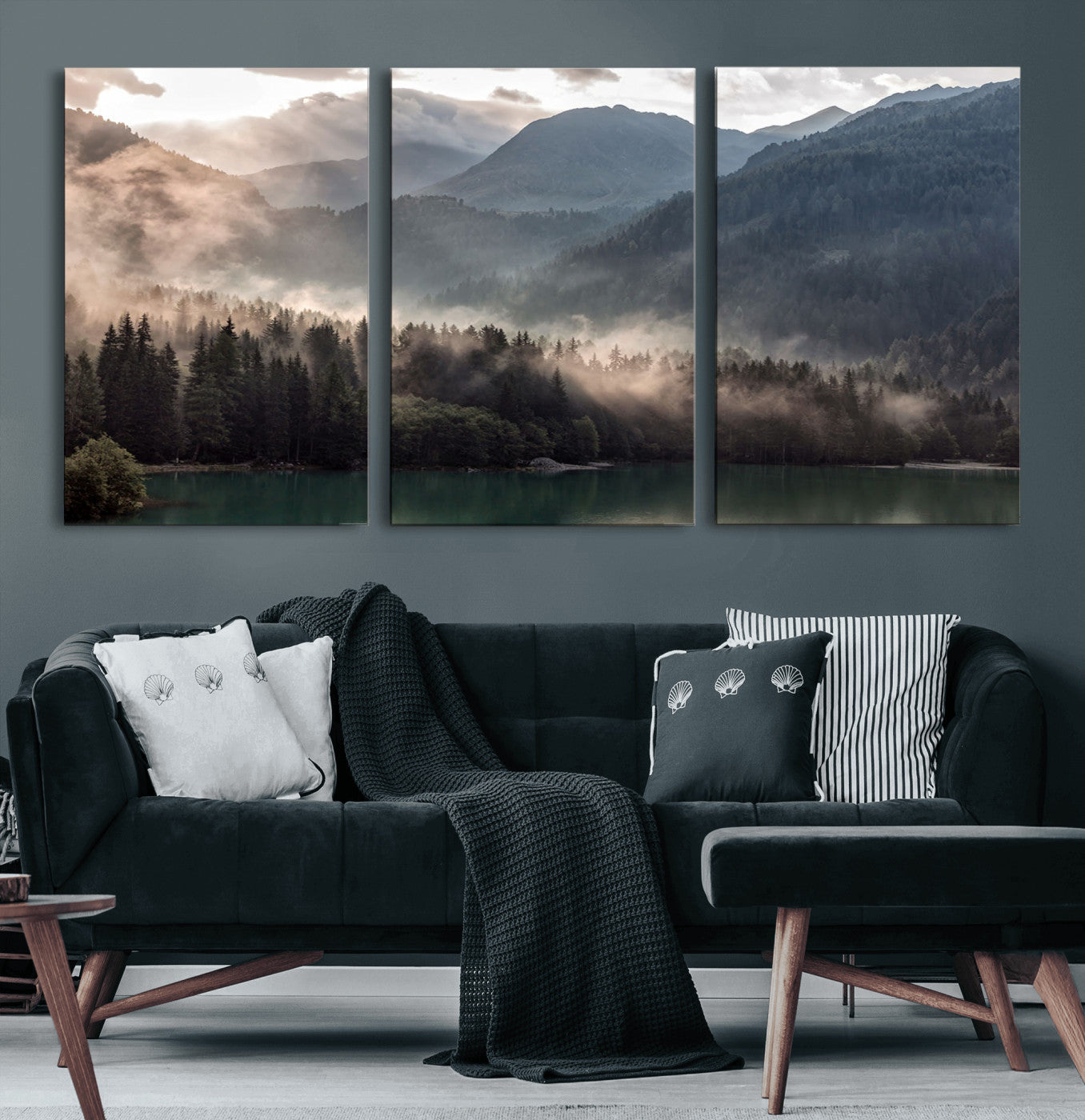 61116-MGV-CV-60X30-3P-Foggy Mountain Canvas Print Forest Wall Art