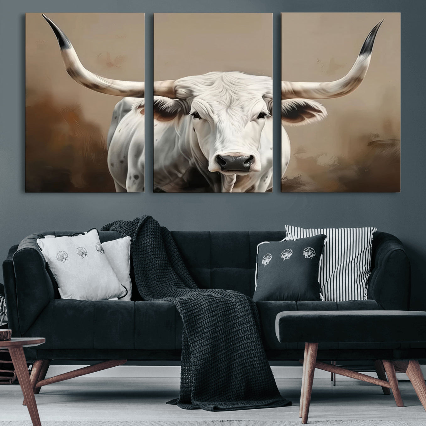 61423-MGV-CV-60X30-3P-White Longhorn Bull Wall Art Canvas Print – Framed and Ready to Hang – Perfect for Farmhouse and