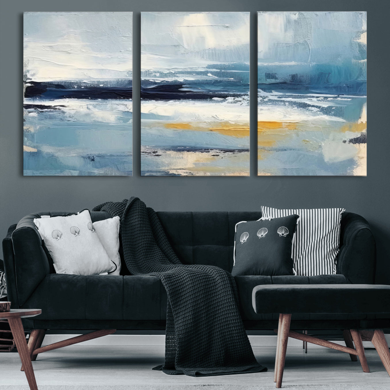 19746-MGV-CV-36X24-Abstract Ocean Canvas Wall Art - Coastal Blue and Gold Textured Painting, Modern Seascape Decor for
