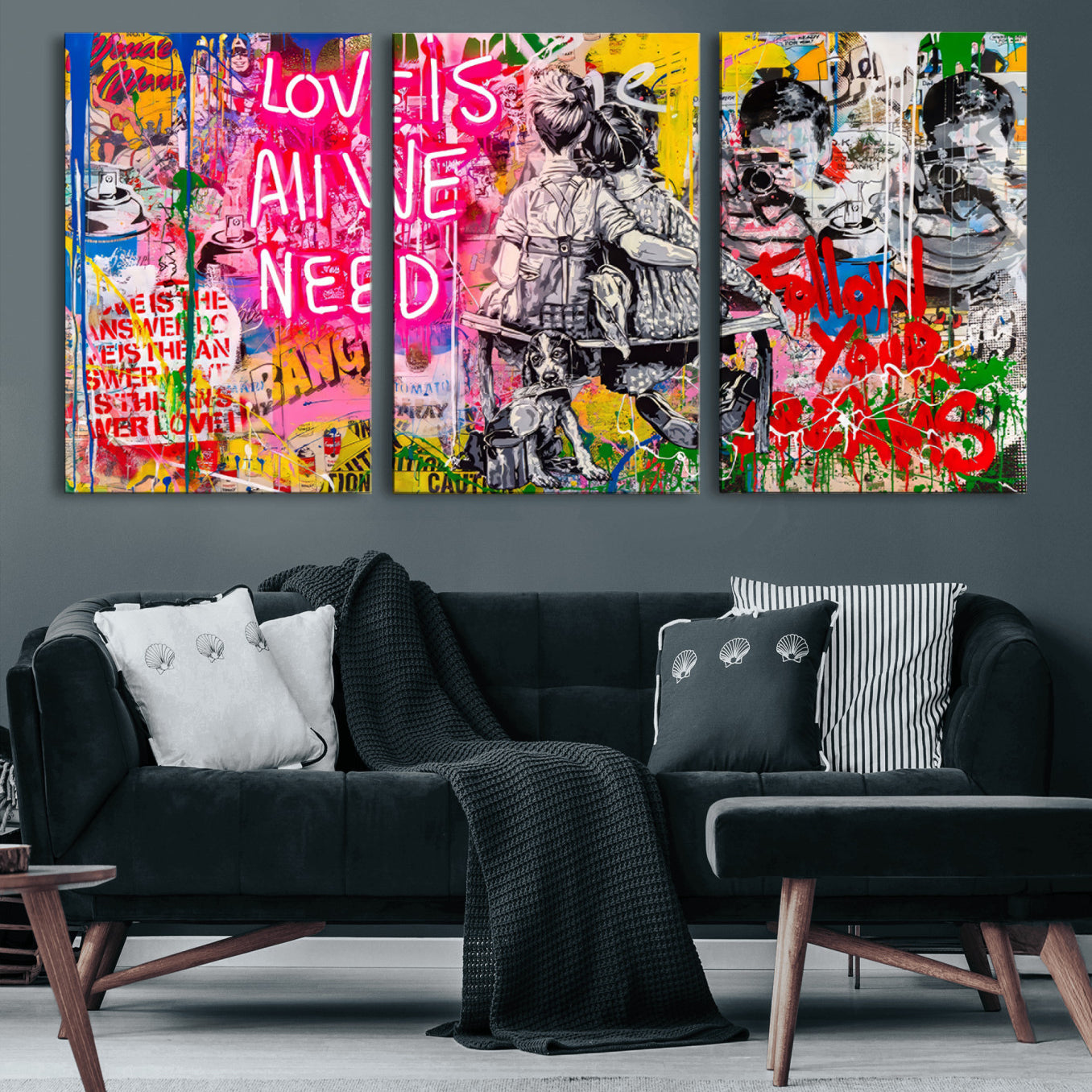 67019-MGV-CV-36X24-Follow Your Dreams & Love is All We Need Graffiti Street Art Triptych | Colorful Urban Wall Art