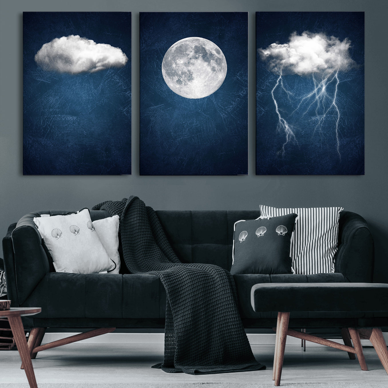 96569-MGV-CV-60X30-3P-Dark Blue Cloud Art, 3 Piece Indigo Blue Wall Art, Aesthetic Surreal Art, Thunderstorm Moon Cloud