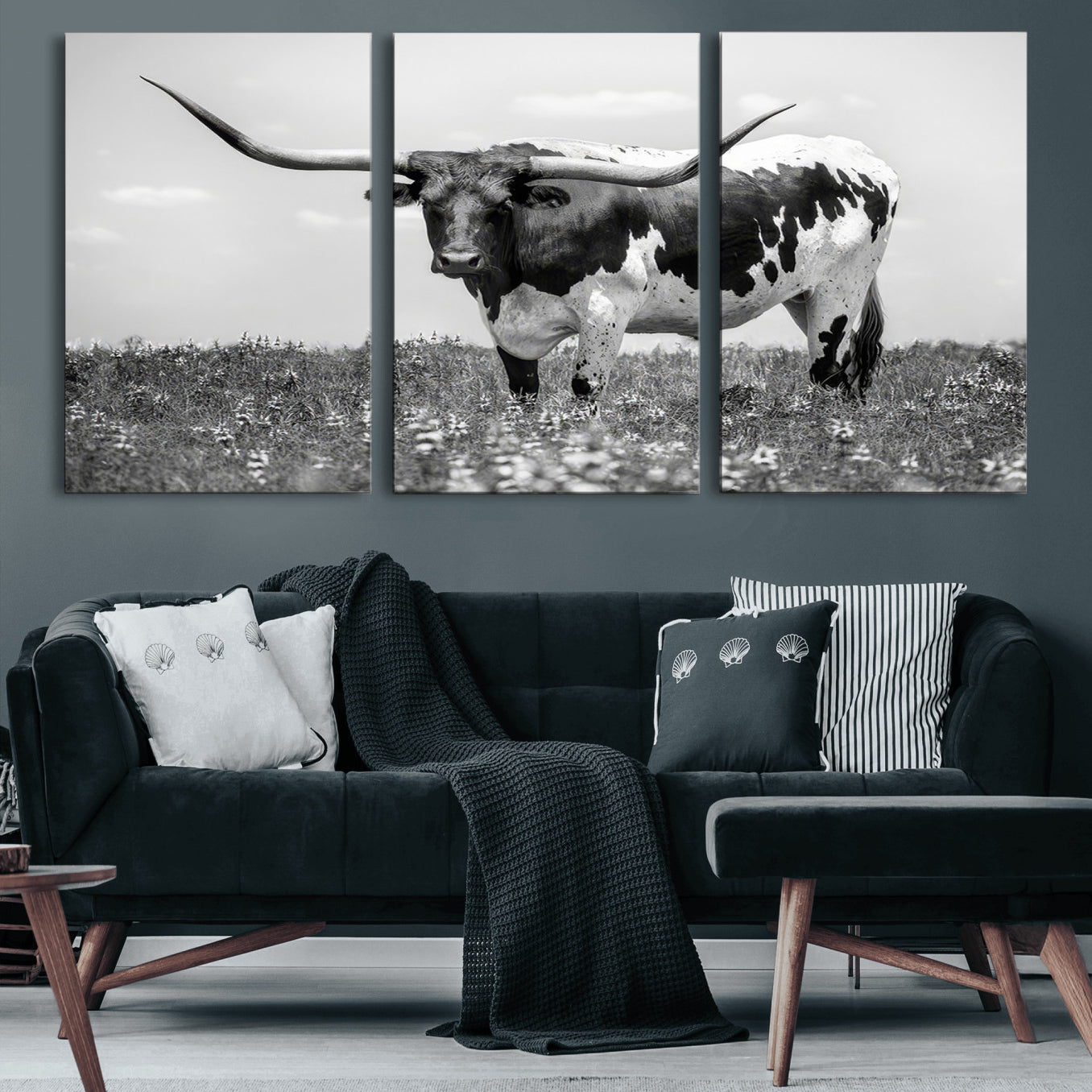 94709-MGV-CV-60X30-3P-Texas Black White Highland Longhorn Cow Wall Art Canvas Print
