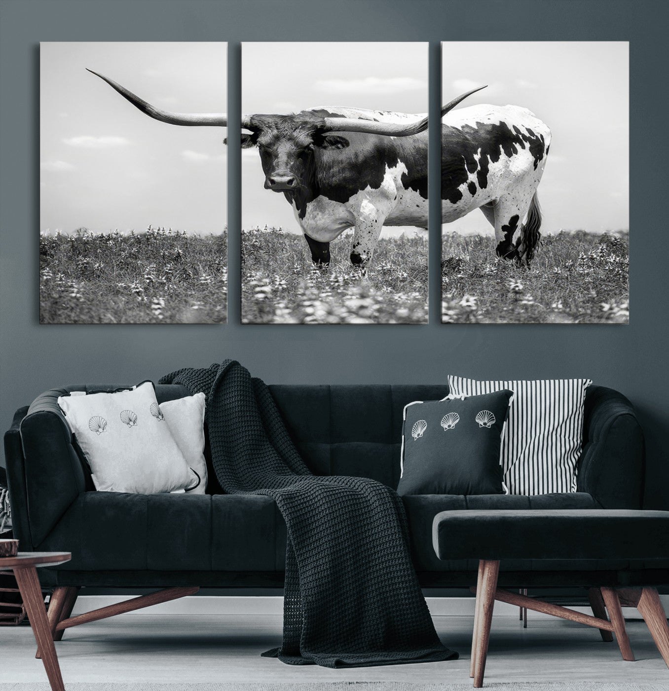 94709-MGV-CV-60X30-3P-Texas Black White Highland Longhorn Cow Wall Art Canvas Print