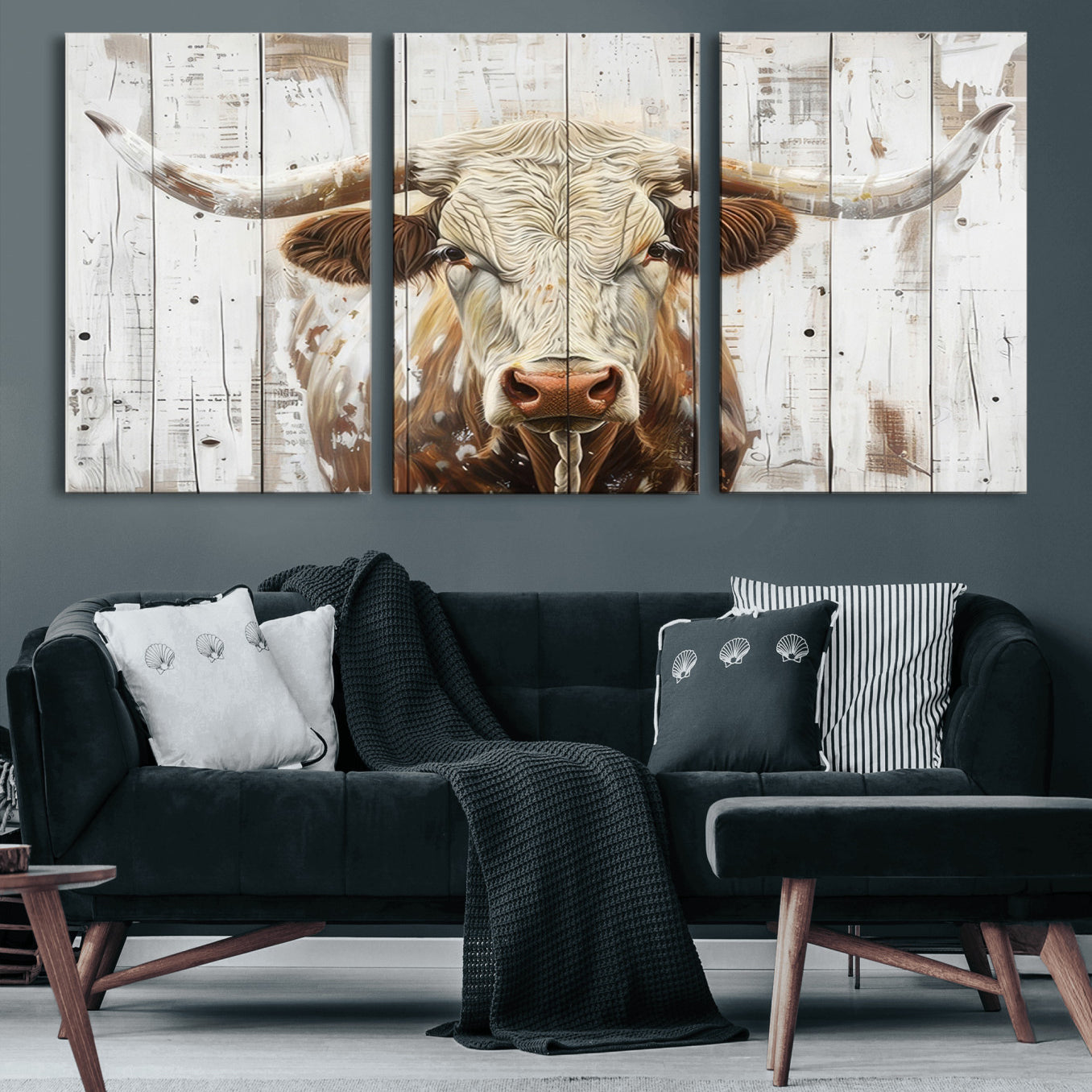 -Rustic Longhorn Bull Wall Art Canvas Set – Western-Inspired Farmhouse Décor - Ready to Hang