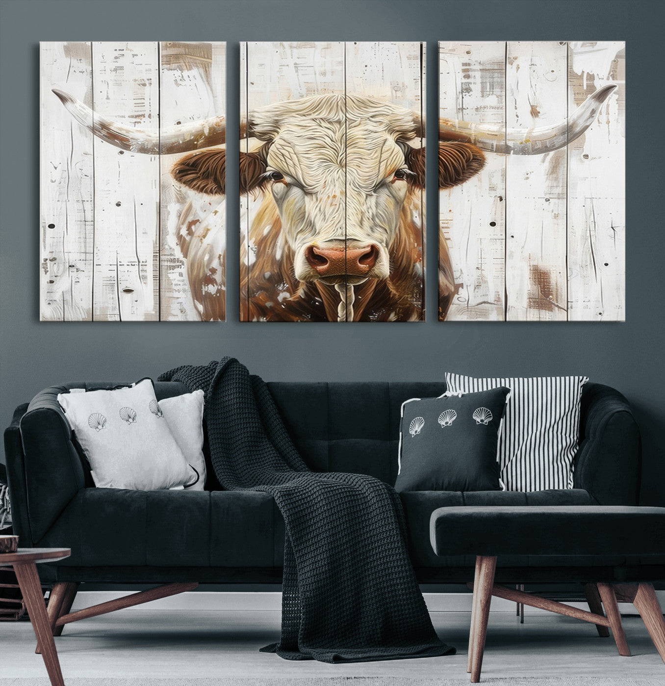 -Rustic Longhorn Bull Wall Art Canvas Set – Western-Inspired Farmhouse Décor - Ready to Hang