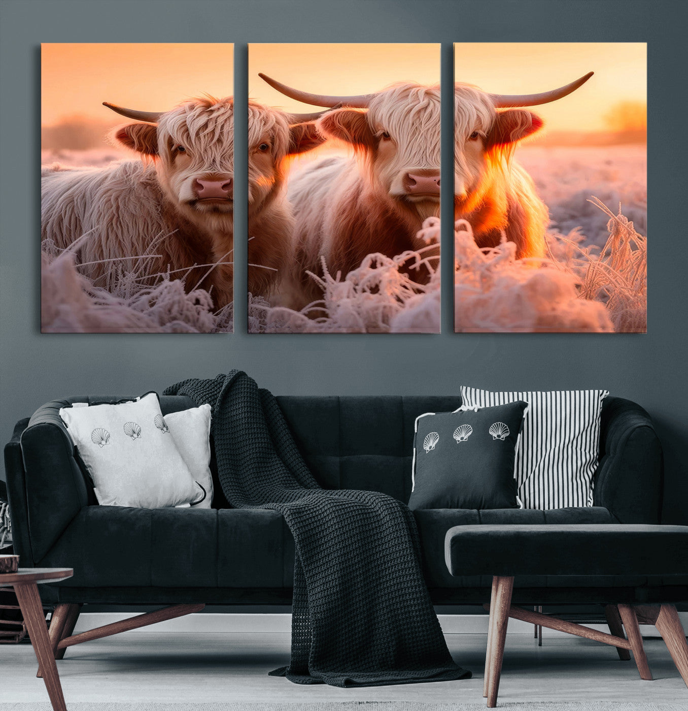 68253-MGV-CV-60X30-3P-Highland Cows at Sunrise Wall Art Canvas Set – Serene and Rustic Farmhouse Decor