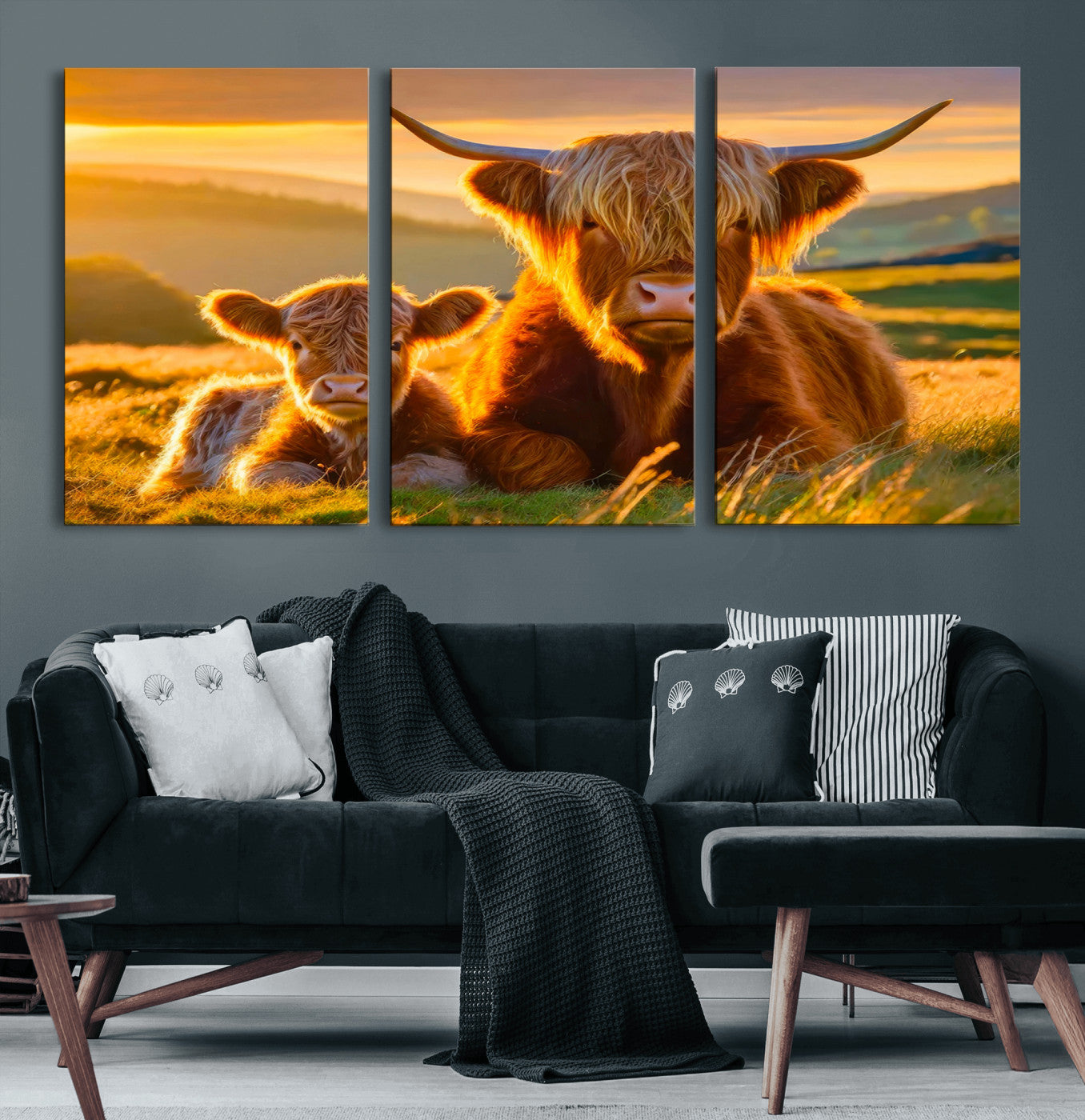 20567-MGV-CV-60X30-3P-Scottish Cow and Baby Cow Canvas Wall Art Animal Print Fluffy Cattle Framed Farmhouse Decor