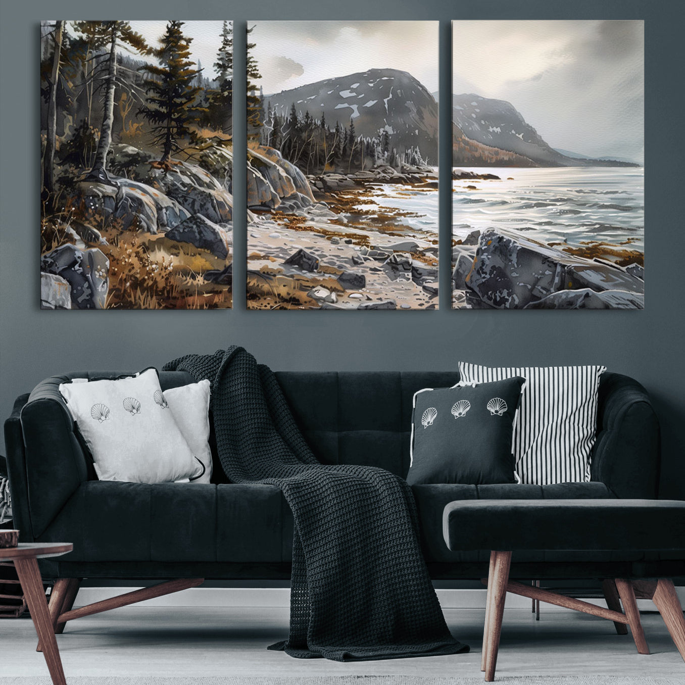 41281-MGV-CV-60X30-3P-Serene Coastal View of Acadia National Park - Stunning 3-Panel Wall Art Canvas Print, Framed, Ready