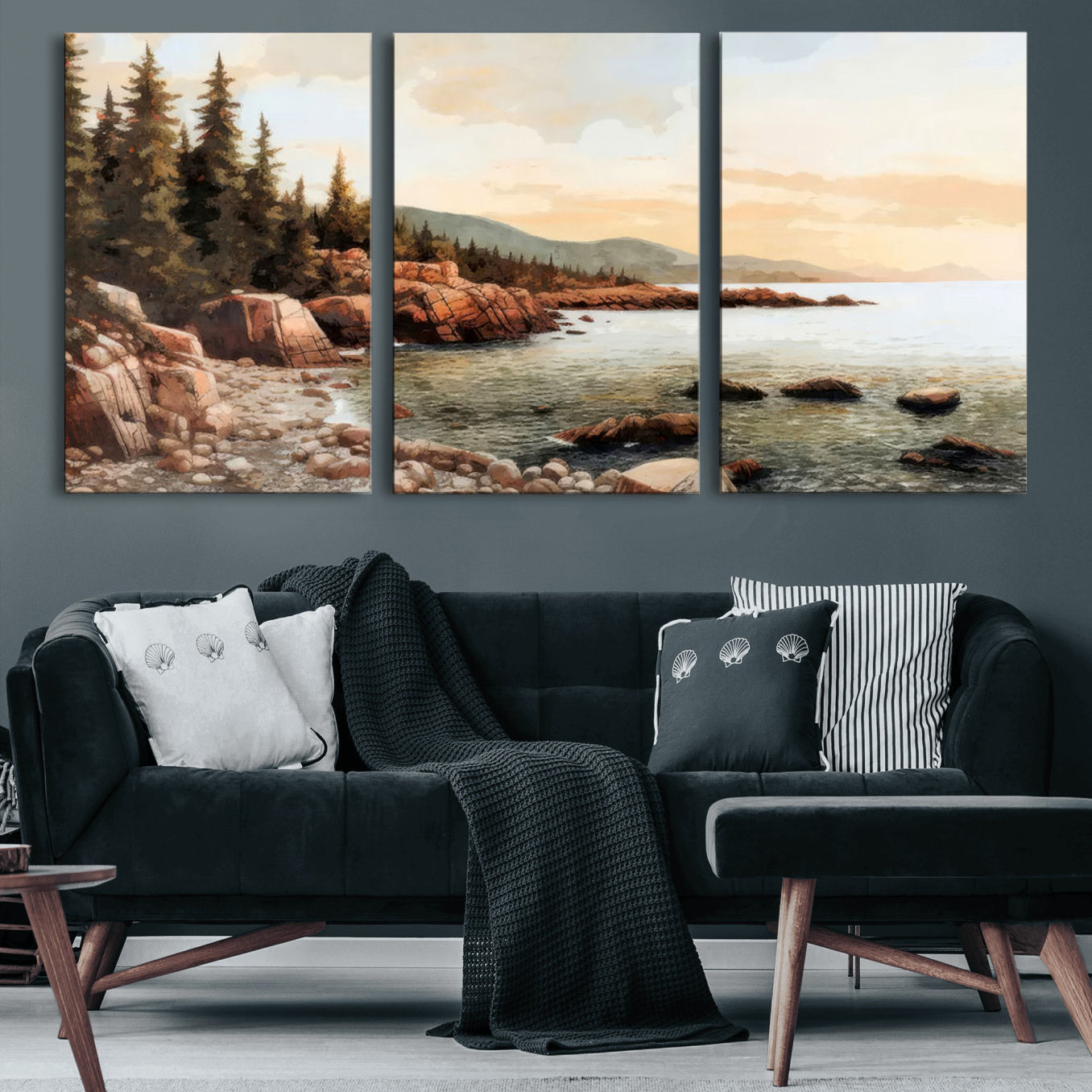 77145-MGV-CV-60X30-3P-Serene Coastal View of Acadia National Park Wall Art - Stunning 3-Panel Wall Art Canvas Print,