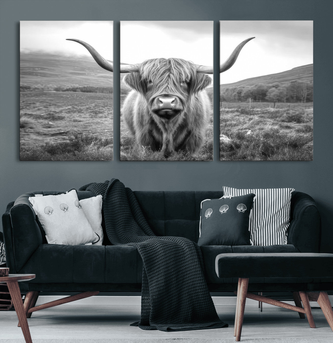 52903-MGV-CV-60X30-3P-Black White Scottish Highland Cow Canvas Farm Wall Art Canvas Print Rustic Animal Art for Home, Office Decor