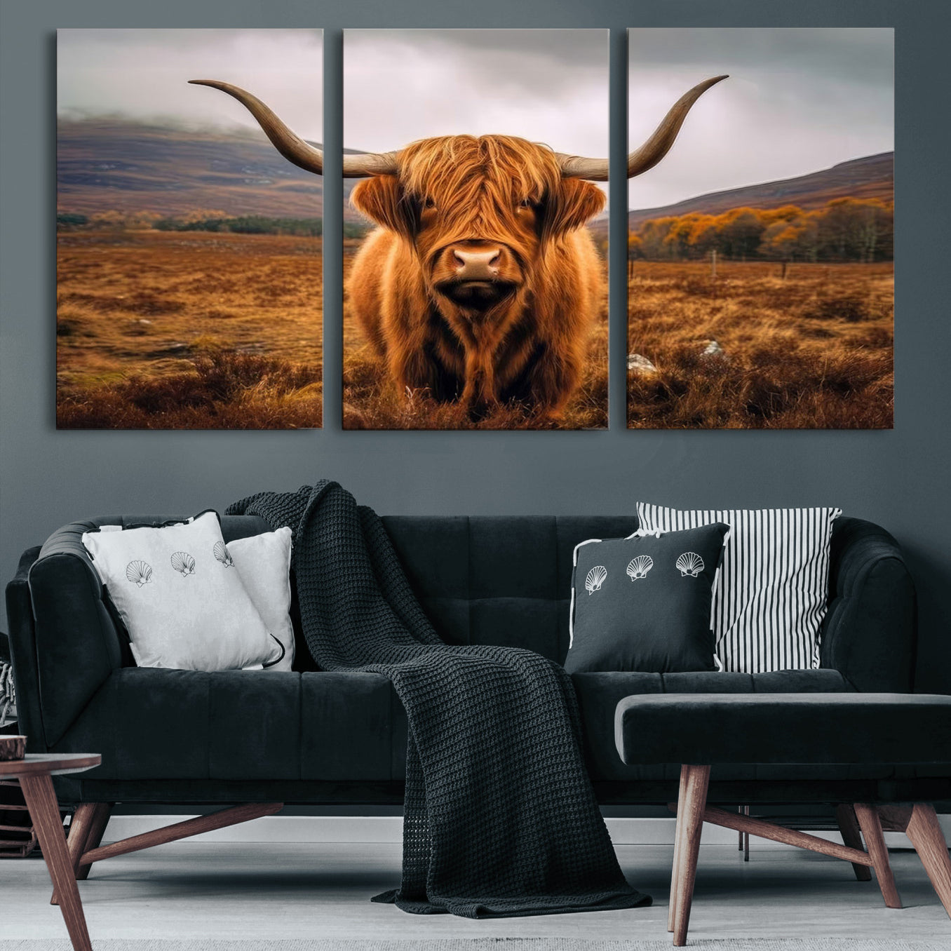 65529-MGV-CV-60X30-3P-Highland Cow Longhorn Wall Art – Rustic Canvas Print, Framed and Ready to Hang for Farmhouse Décor