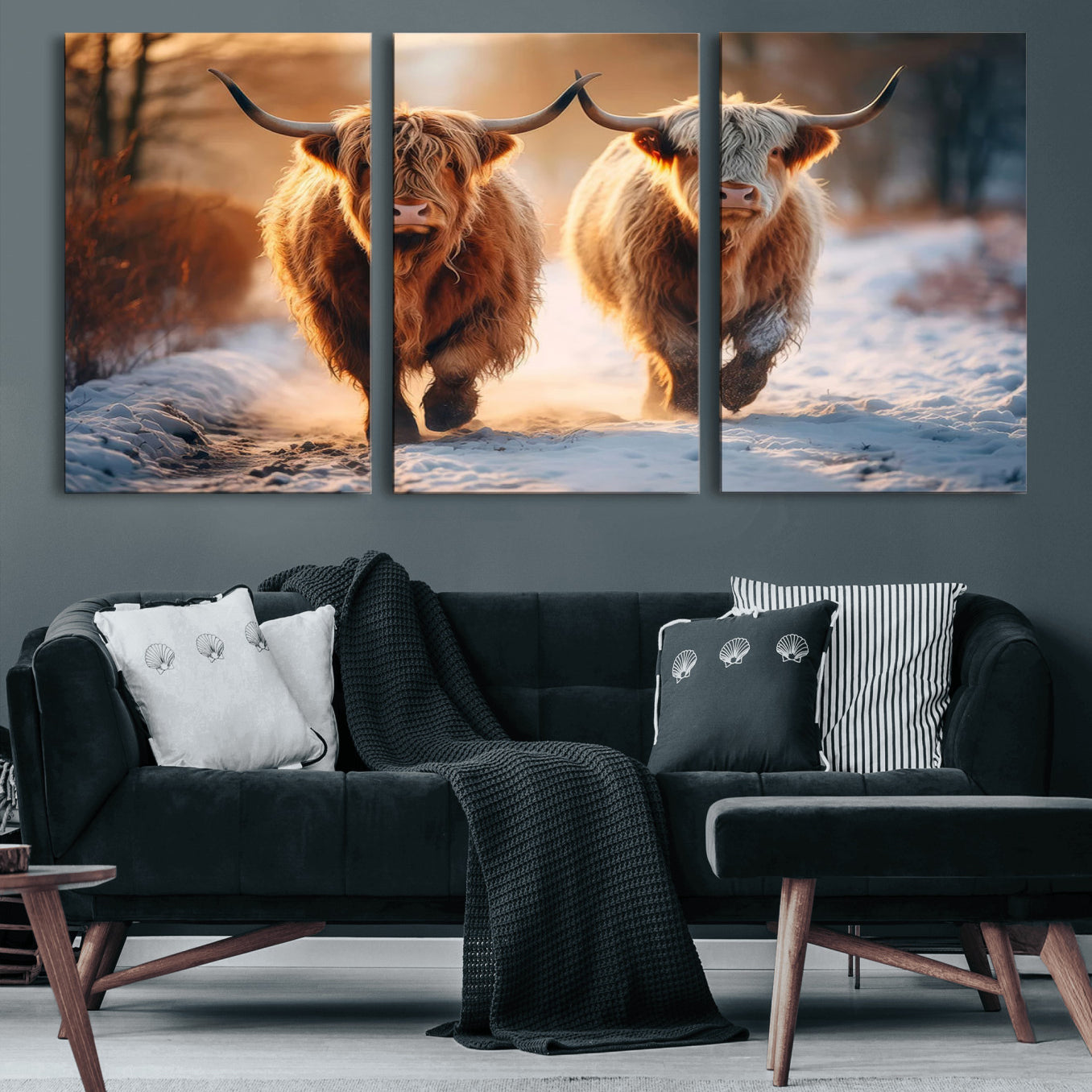 94810-MGV-CV-60X30-3P-Scottish Highland Cow Horn Farm Wall Art Canvas Print