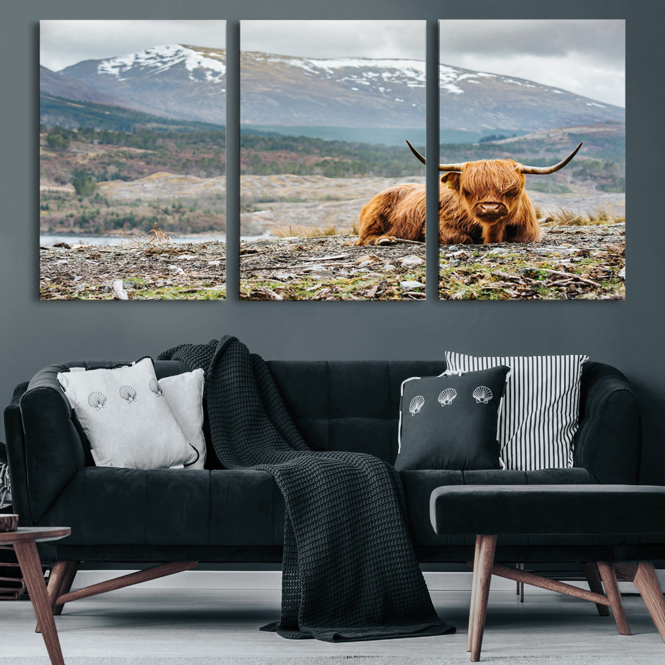 80252-MGV-CV-60X30-3P-Highland Cow Horn Farm Wall Art Canvas Print